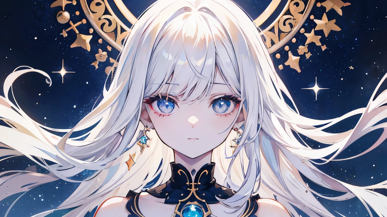 (Mano simple: 0.5) + (mano detallada: 0.7), (obra maestra), (Mejor calidad), pelo blanco, red ojos, 1 chica, pale skin, pelo blanco, red ojos, cabello bicolor, eyelashes, esposas, joyas, Sonrisa, Piel brillante, Cabello brillante, Escenario detallado y majestuoso, fancy, pelo largo, 1 chica, cabello bicolor, cielo nocturno, incredibly detailed CG illustration masterpiece looking at you, animado, beautiful animado ojos, beautiful detailed ojos, ojos, sparkling ojos, Different colored ojos, red ojos, blue ojos, Galaxia, Nebulosa, (Todo el cuerpo), (curva)