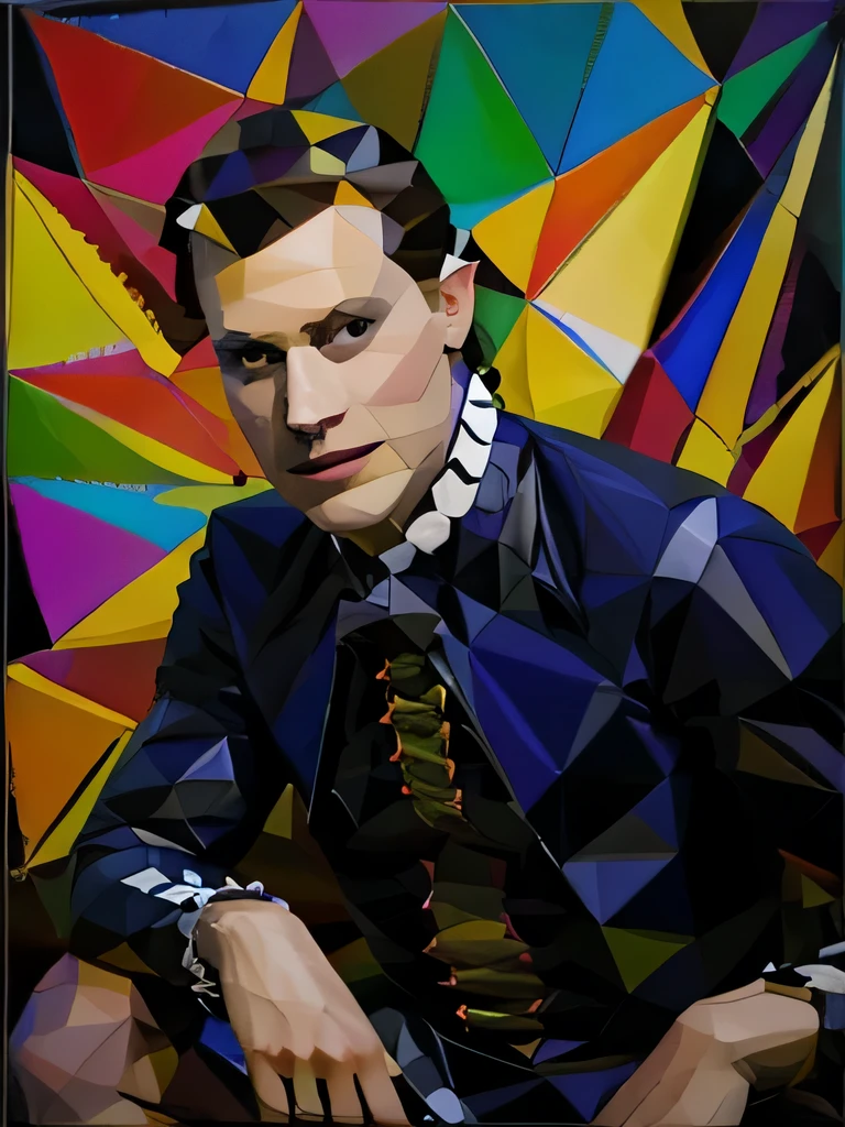 Young harlequin man in traditional costume with diamonds sitting in a relaxed pose, specular, dough, Impressionistic style