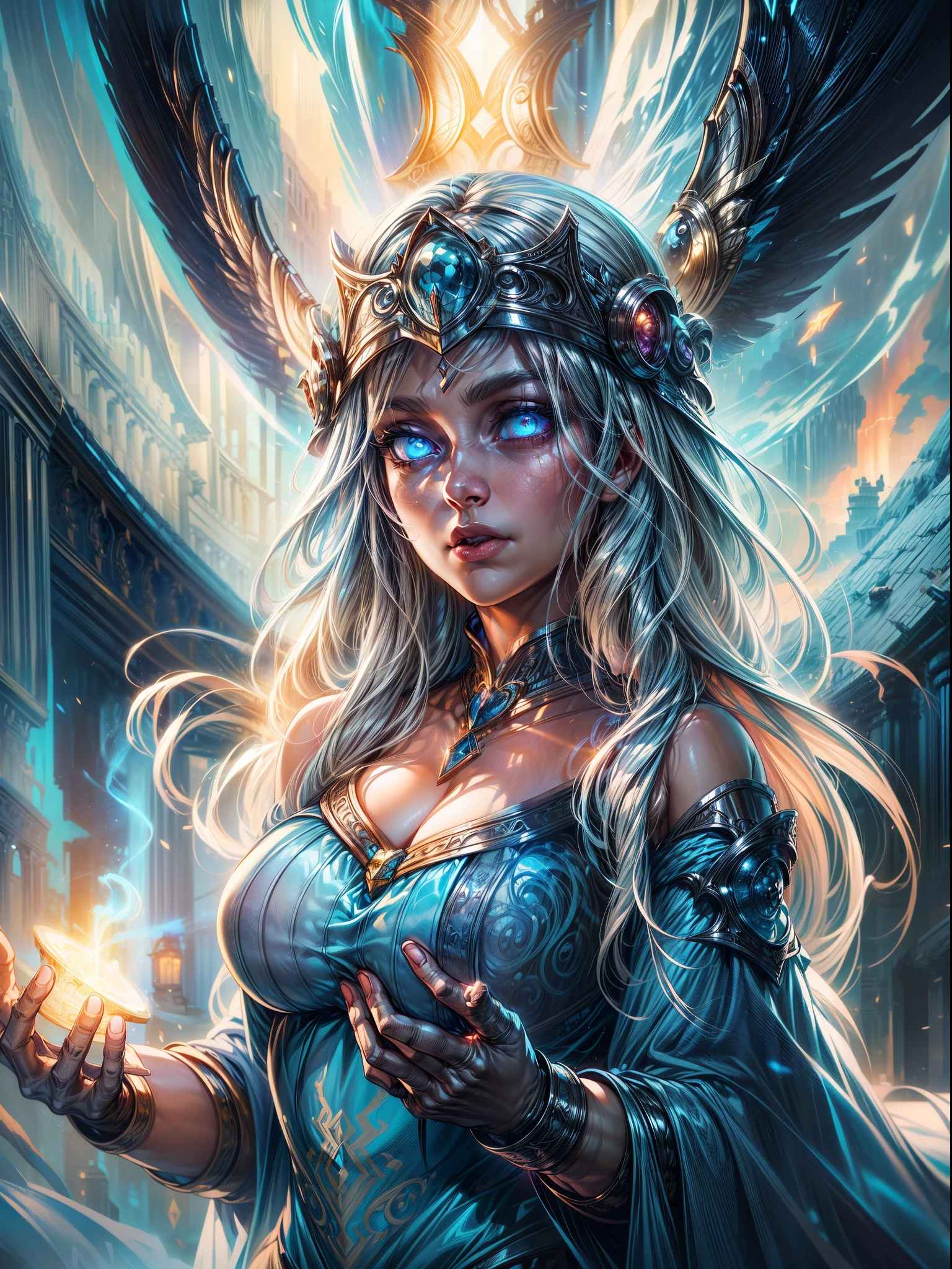 high details, best quality, 8k, [ultra detailed], masterpiece, best quality, (extremely detailed), dynamic angle, ultra wide shot, photorealistic, fantasy art, dnd art, rpg art, realistic art, an ultra wide picture of a female human (1.5 intricate details, Masterpiece, best quality) godess of light (( blue radiant aural)),  ((controlling a swirling blue radiant magic)), manipulating purple radiant magical sigils, human female, blond  hair, long hair with aura, hair with radiant eyes, intense eyes, ((radiant eyes)), ((glowing eyes)), dynamic clothing, fantasy temple background, ((divine worship atmosphere)), high details, best quality, highres, ultra wide angle