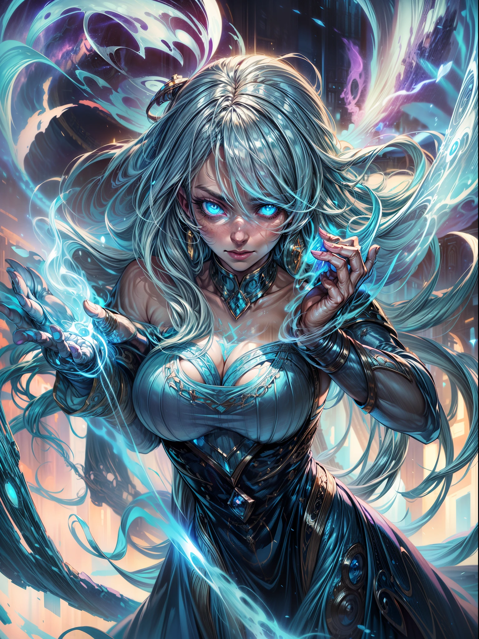 high details, best quality, 8k, [ultra detailed], masterpiece, best quality, (extremely detailed), dynamic angle, ultra wide shot, photorealistic, fantasy art, dnd art, rpg art, realistic art, an ultra wide picture of a female human (1.5 intricate details, Masterpiece, best quality) godess of light (( blue radiant aural)),  ((controlling a swirling blue radiant magic)), manipulating purple radiant magical sigils, human female, blond  hair, long hair with aura, hair with radiant eyes, intense eyes, ((radiant eyes)), ((glowing eyes)), dynamic clothing, fantasy temple background, ((divine worship atmosphere)), high details, best quality, highres, ultra wide angle