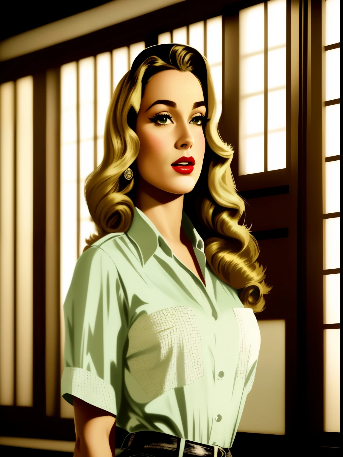 tem uma mulher com camisa verde e faixa preta, Kenton Nelson, retro Modelo Pinup, comic pinup style, inspirado em Art Frahm, Martin then portrait of artwork, margot robbie em gta v, inspirado em Earle Bergey, Direction: Tina Blondell, Modelo Pinup, artgasmo, de arte, filme noir realista, pin-up poster girl, arte pin-up