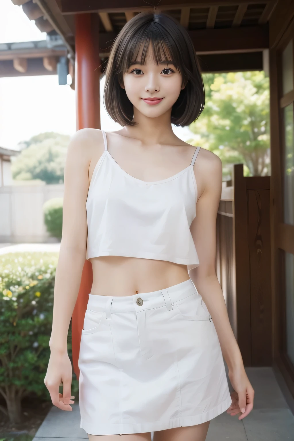(masterpiece、high quality、High resolution)、(perfect beautiful girl:1.3)、(perfect anatomy、beautiful limbs、beautiful skin),Japanese high school student、smile、clear eyes、bob、Cool breeze blows、