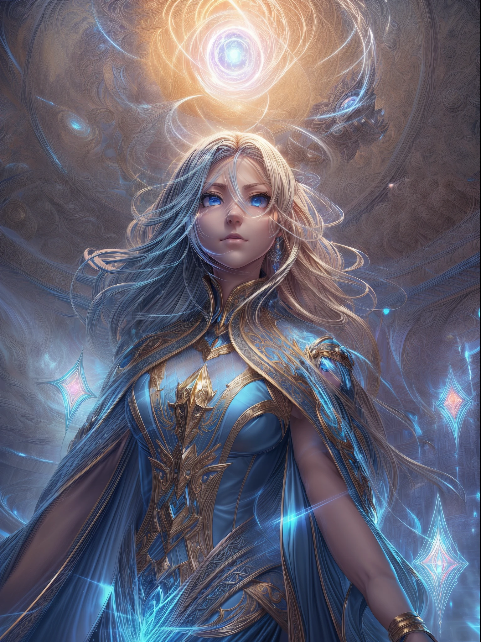 high details, best quality, 8k, [ultra detailed], masterpiece, best quality, (extremely detailed), dynamic angle, ultra wide shot, photorealistic, fantasy art, dnd art, rpg art, realistic art, an ultra wide picture of a female human (1.5 intricate details, Masterpiece, best quality) godess of light (( blue radiant aural)),  ((controlling a swirling blue radiant magic)), manipulating purple radiant magical sigils, human female, blond  hair, long hair with aura, hair with radiant eyes, intense eyes, ((radiant eyes)), ((glowing eyes)), dynamic clothing, fantasy temple background, ((divine worship atmosphere)), high details, best quality, highres, ultra wide angle