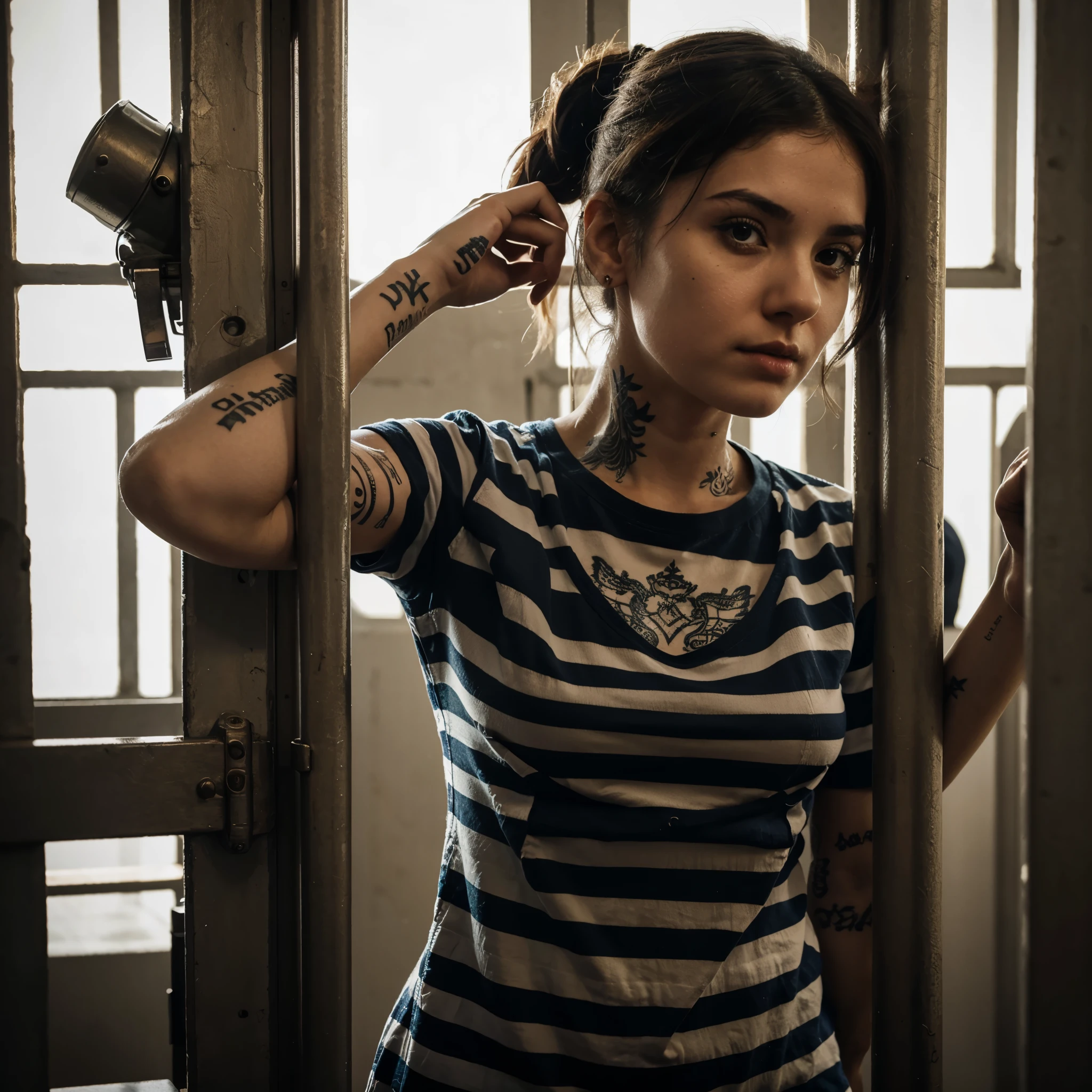 Girl with a neck tattoo in a striped prison uniform stands behind bars in prison