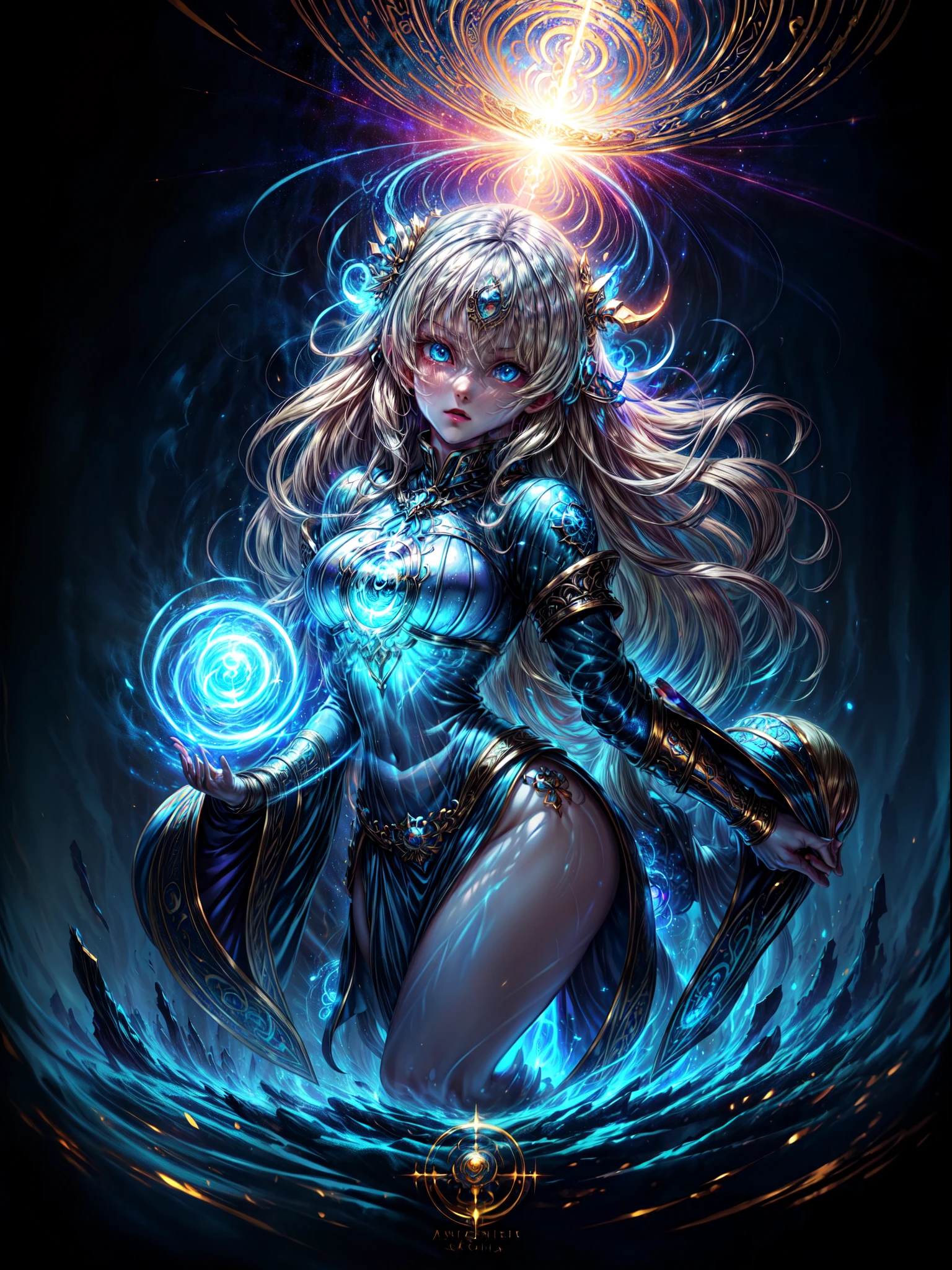 high details, best quality, 8k, [ultra detailed], masterpiece, best quality, (extremely detailed), dynamic angle, ultra wide shot, photorealistic, fantasy art, dnd art, rpg art, realistic art, an ultra wide picture of a female human (1.5 intricate details, Masterpiece, best quality) godess of light (( blue radiant aural)),  ((controlling a swirling blue radiant magic)), manipulating purple radiant magical sigils, human female, blond  hair, long hair with aura, hair with radiant eyes, intense eyes, ((radiant eyes)), ((glowing eyes)), dynamic clothing, fantasy temple background, ((divine worship atmosphere)), high details, best quality, highres, ultra wide angle