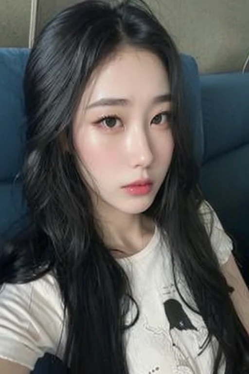 araffe girl with long black hair sitting on a blue sofa, adorable and pale korean face, jaeyeon nam, Ulzzang, linda mulher sul-coreana, maquiagem sul-coreana popular, maquiagem coreana popular, linda jovem coreana, young lovely korean face, coreana, cruel korean goth girl, her face looks like an orchid, Heonhwa Choe, beautiful aesthetic face