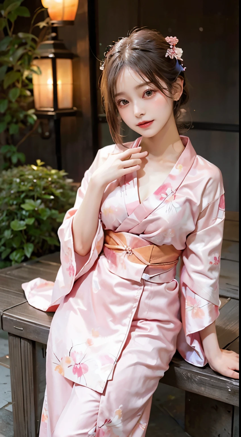 In a tranquil scene, a woman radiates charm in the soft elegance of a pink kimono. The gentle pink fabric, adorned with delicate patterns, gracefully drapes her form, creating a harmonious blend of subtlety and beauty. The obi ties with a touch of grace around her waist, complementing the overall allure of the traditional ensemble. In this fully-covered attire, she exudes an air of serene grace, capturing the timeless beauty of a woman in a charming pink kimono amidst the calm surroundings