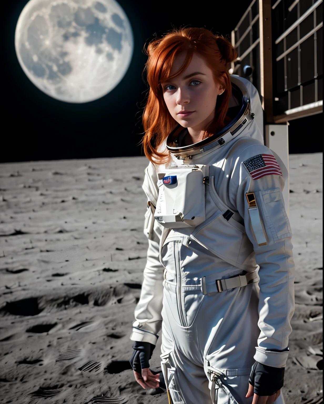 1girl, skin pores texture, ((redhead)) with ((2 buns hair)), blue eyes, ((Joana Gate)) 23 years old, piercing eyes, HD , Photography, movie, cinematic, ((slim waist)), ((full body astronaut suit)), ((astronaut helmet)), ((standing on the moon)), Realistic, (8k, RAW photo, best quality, masterpiece:1.2), (realistic, photo-realistic:1.33), best quality, cute,natural lighting, depth of field, film grain, sharp, detailed, wide view, ((full body view)), ((facing camera))
