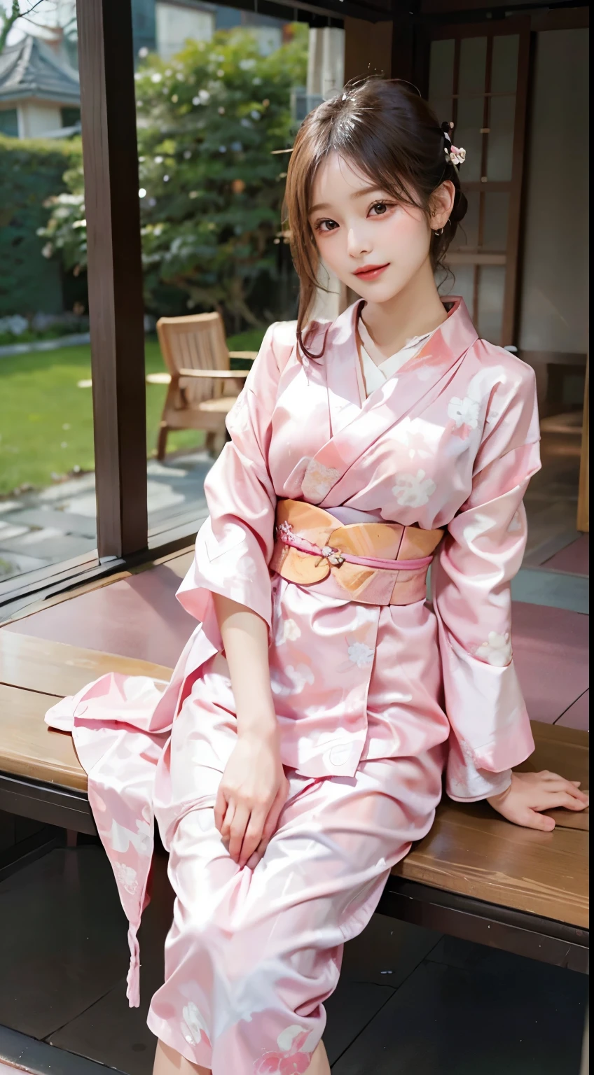 In a tranquil scene, a woman radiates charm in the soft elegance of a pink kimono. The gentle pink fabric, adorned with delicate patterns, gracefully drapes her form, creating a harmonious blend of subtlety and beauty. The obi ties with a touch of grace around her waist, complementing the overall allure of the traditional ensemble. In this fully-covered attire, she exudes an air of serene grace, capturing the timeless beauty of a woman in a charming pink kimono amidst the calm surroundings