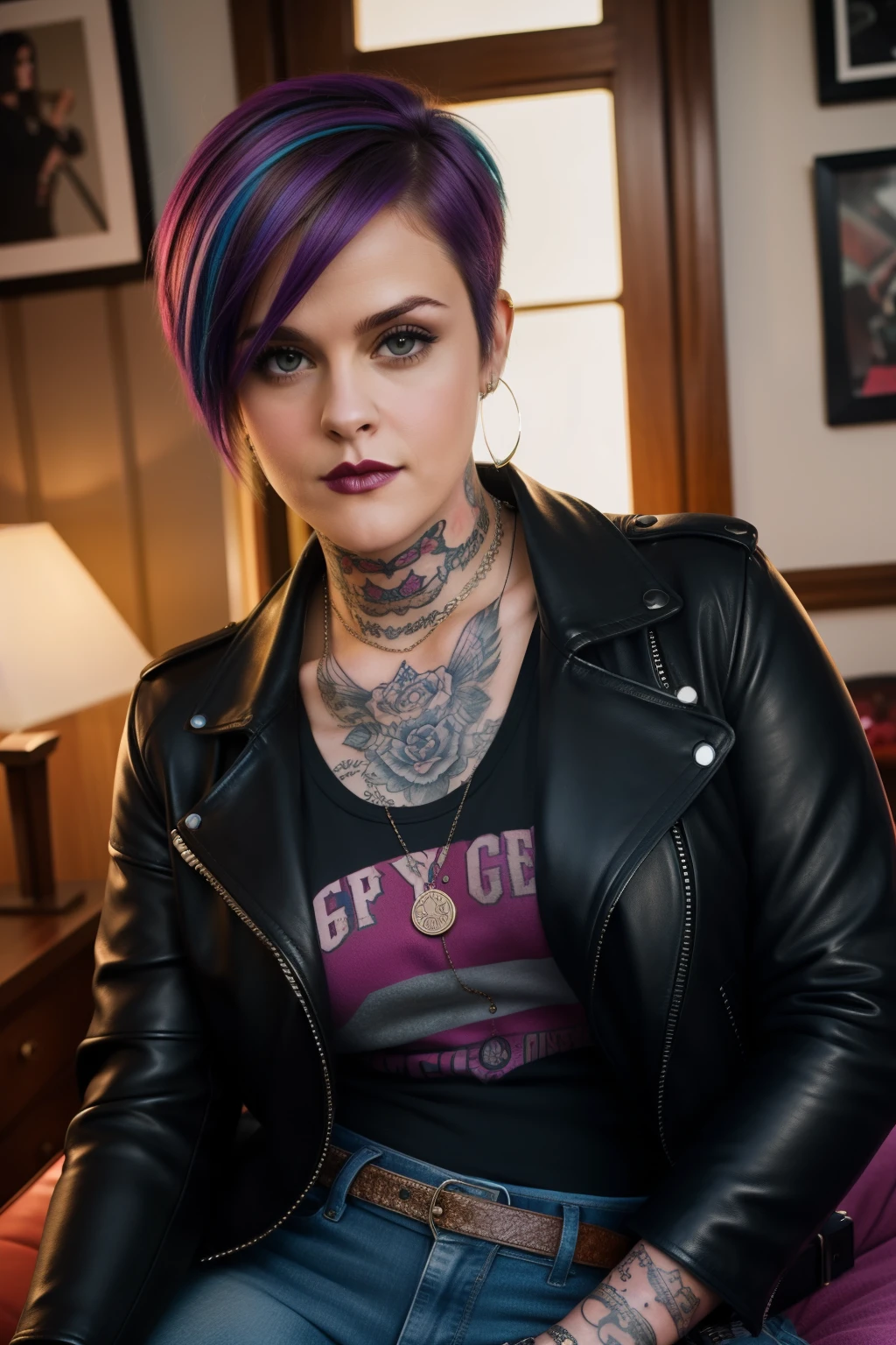 Medium view of young tattooed 25 year old emo model Alicia silverstone,  face portrait, dyed pixie cut, goth colorful leather jacket over sweater, lipstick, chubby woman (SFW), in cozy suburban house