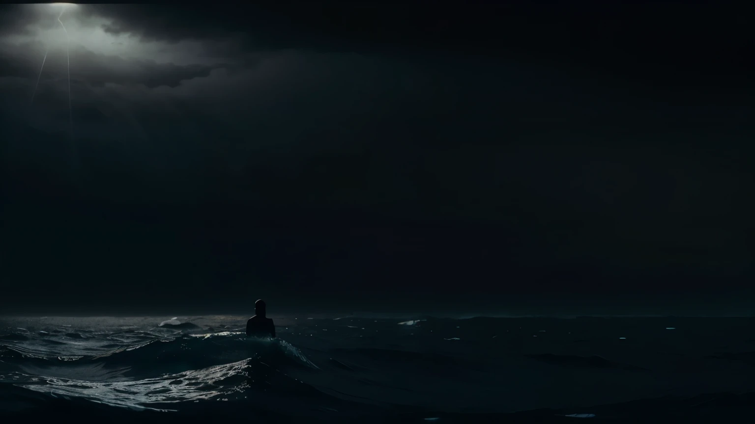 a person in the midle of the ocean, super detailed water, realistic and cinematic, dark atmosphere, fog, super resolution, cinematic lighting and coloring