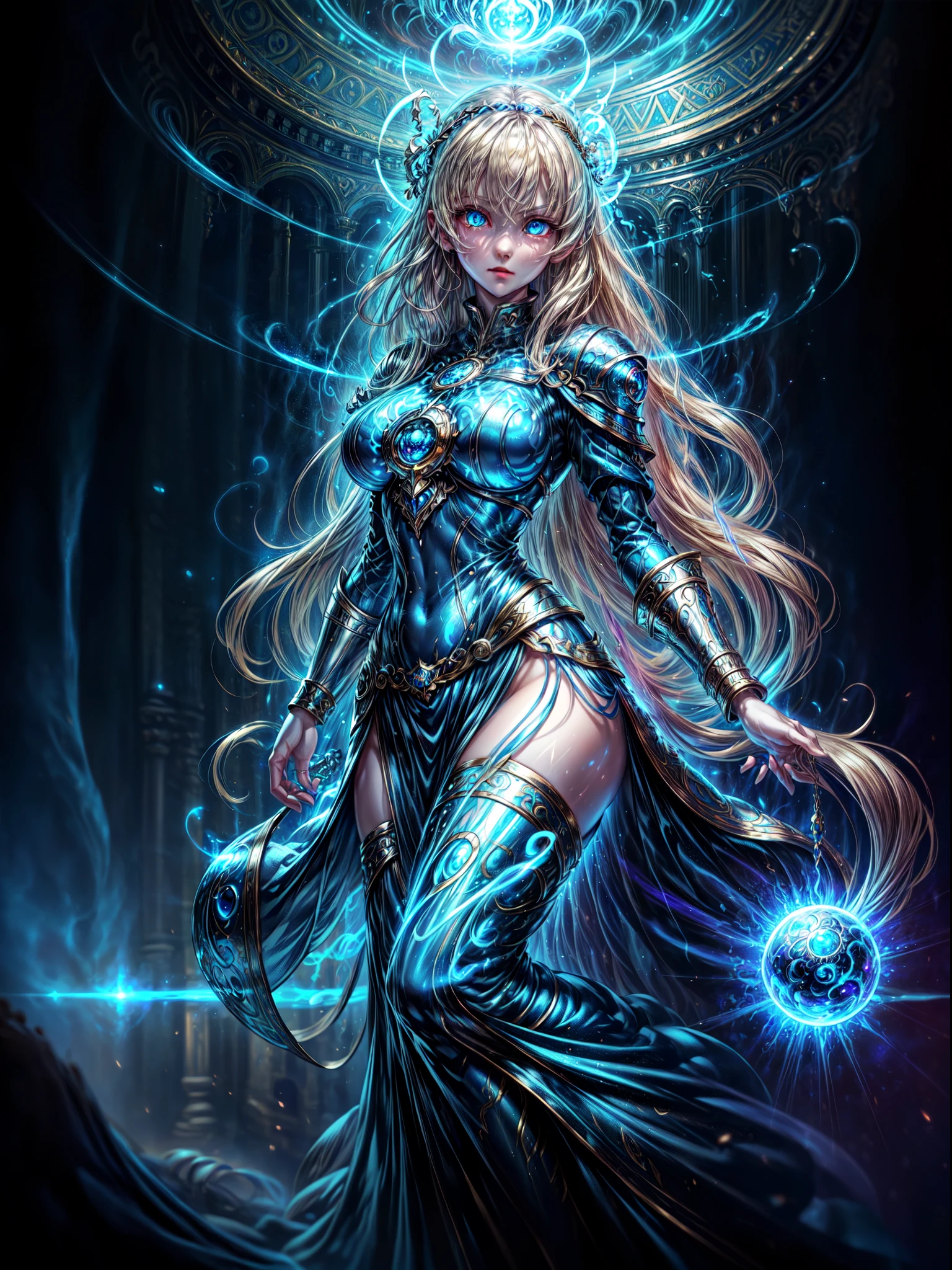 high details, best quality, 8k, [ultra detailed], masterpiece, best quality, (extremely detailed), dynamic angle, ultra wide shot, photorealistic, fantasy art, dnd art, rpg art, realistic art, an ultra wide picture of a female human (1.5 intricate details, Masterpiece, best quality) godess of light (( blue radiant aural)),  ((controlling a swirling blue radiant magic)), manipulating purple radiant magical sigils, human female, blond  hair, long hair with aura, hair with radiant eyes, intense eyes, ((radiant eyes)), ((glowing eyes)), dynamic clothing, fantasy temple background, ((divine worship atmosphere)), high details, best quality, highres, ultra wide angle