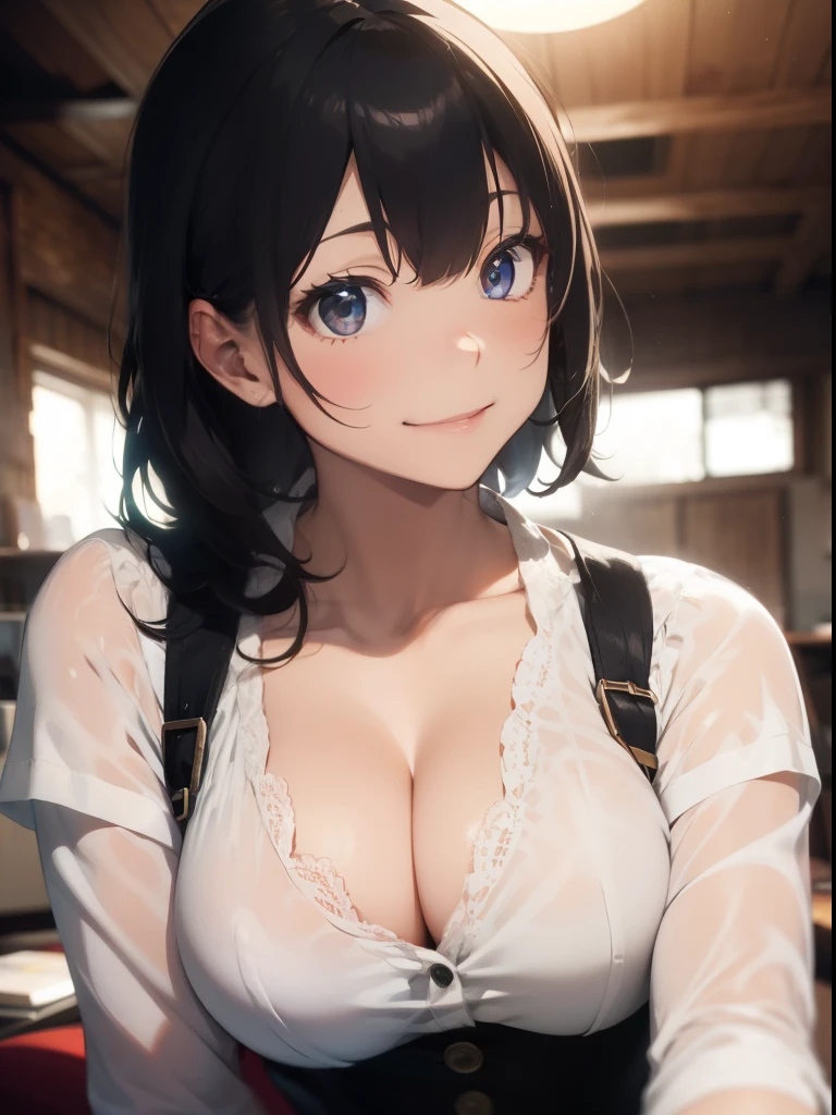 super high quality, ultla highres, hyper-detailed, high contrast, Ultrafine Strike, creative refinement,black hair,smile,Show cleavage,living room,5 fingers,