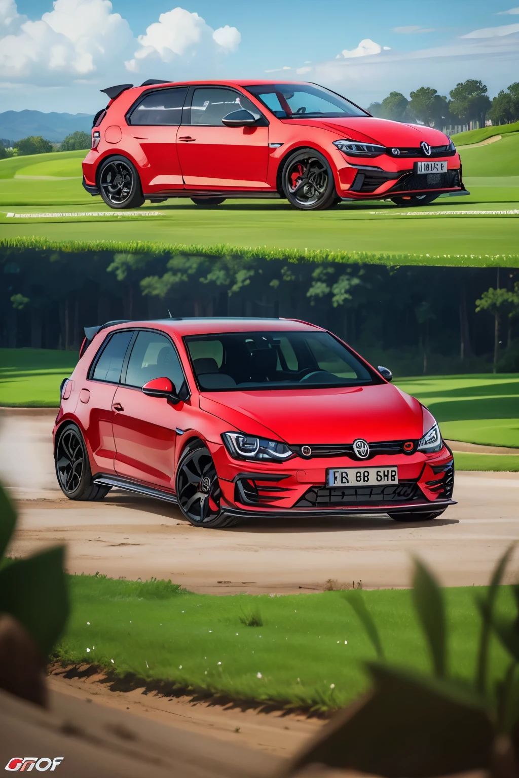 unbranded Golf GTI car in the foreground at a front angle, storybord