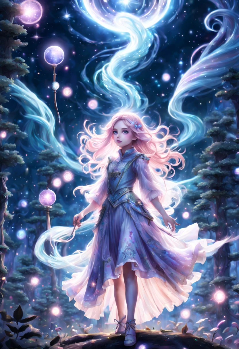 1girl, Amidst a moonlit forest, a young girl with flowing, pastel-colored hair stands surrounded by a swirl of sparkling stardust. Clad in a shimmering, frilly dress adorned with intricate magical symbols, she wields a staff that radiates a soft, ethereal glow. Her eyes glow with determination as she prepares to unleash her extraordinary powers against the forces of darkness.