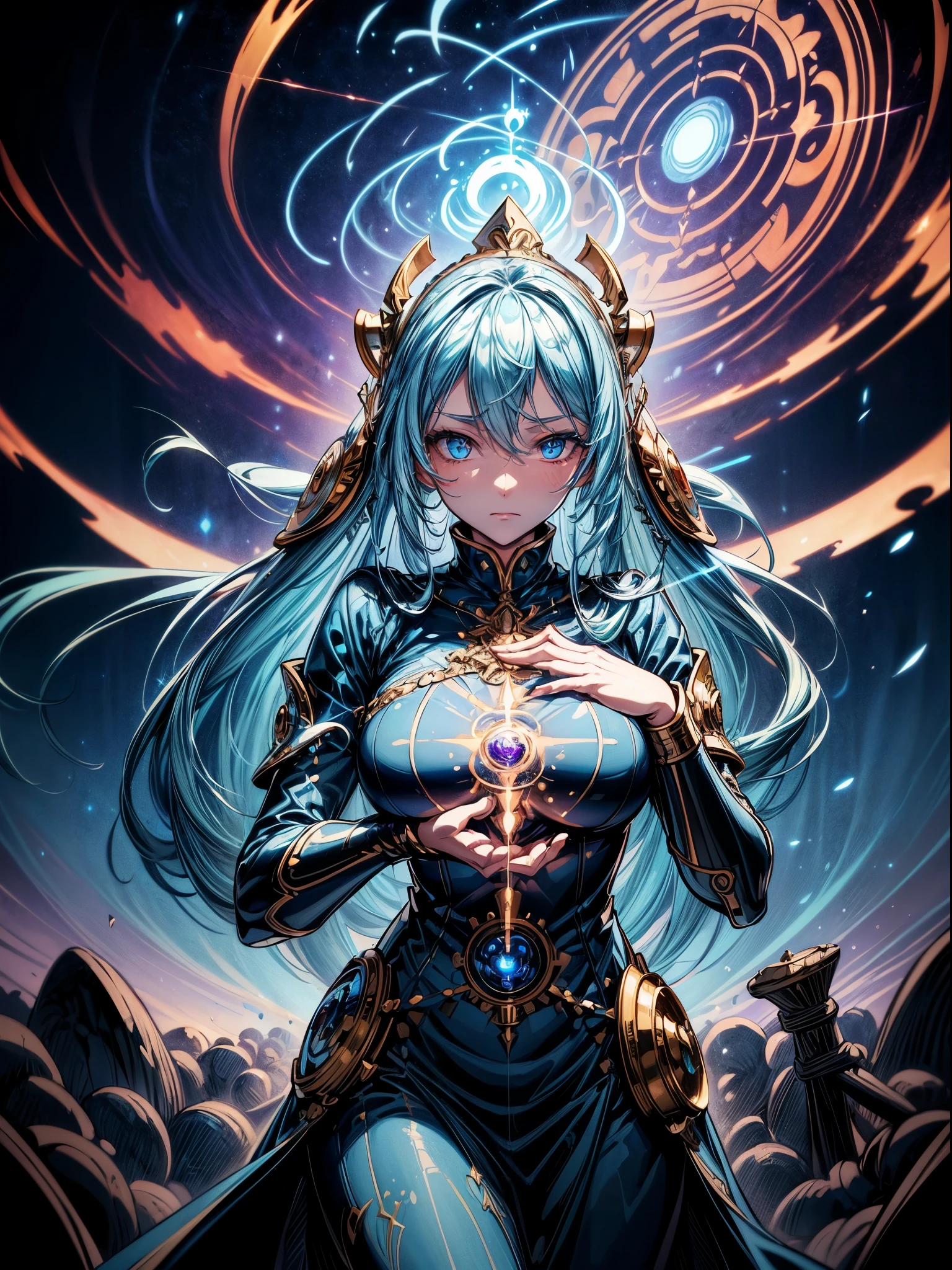 high details, best quality, 8k, [ultra detailed], masterpiece, best quality, (extremely detailed), dynamic angle, ultra wide shot, photorealistic, fantasy art, dnd art, rpg art, realistic art, an ultra wide picture of a female human (1.5 intricate details, Masterpiece, best quality) godess of light (( blue radiant aural)),  ((controlling a swirling blue radiant magic)), manipulating purple radiant magical sigils, human female, blond  hair, long hair with aura, hair with radiant eyes, intense eyes, ((radiant eyes)), ((glowing eyes)), dynamic clothing, fantasy temple background, GlowingRunes_red((divine worship atmosphere)), high details, best quality, highres, ultra wide angle