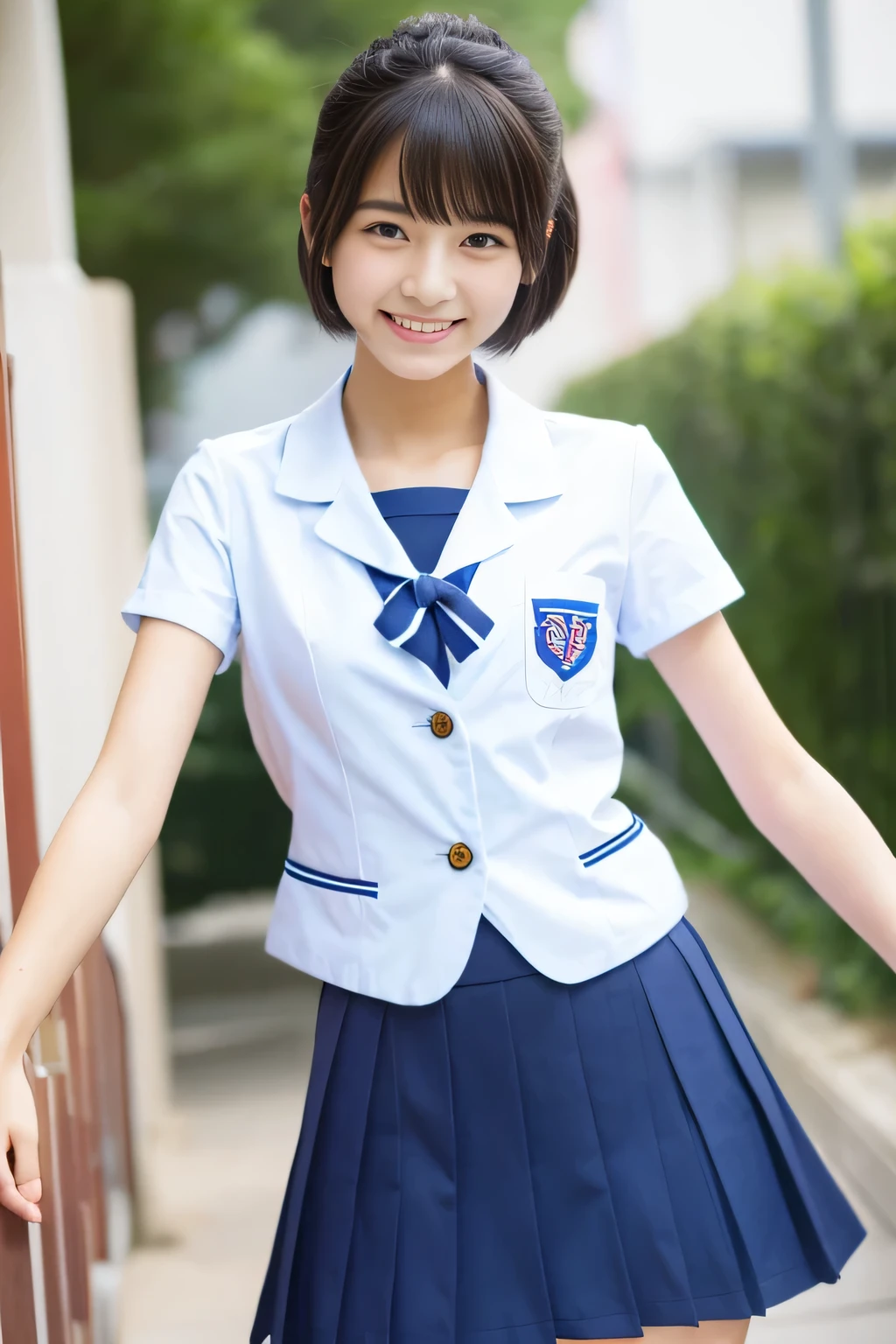 (masterpiece、high quality、High resolution)、(perfect beautiful girl:1.3)、(perfect anatomy、beautiful limbs、beautiful skin),Japanese high school student、uniform、smile、clear eyes、bob、Cool breeze blows、