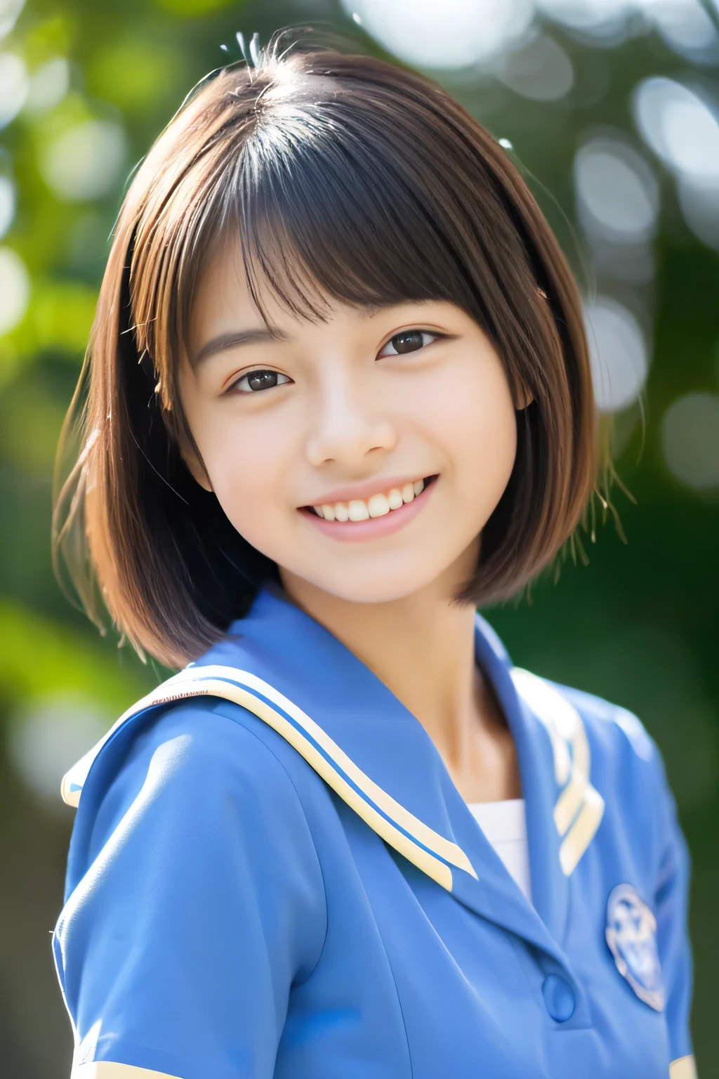 (masterpiece、high quality、High resolution)、(perfect beautiful girl:1.3)、(perfect anatomy、beautiful limbs、beautiful skin),Japanese high school student、uniform、smile、clear eyes、bob、Cool breeze blows、