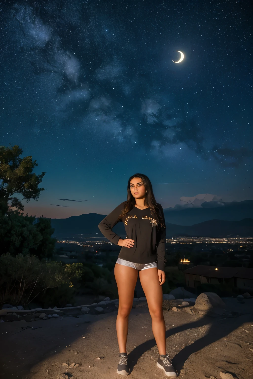 A full body photo of a beautiful 17-year-old girl named Sofia, ((fotorrealista:1.5)), ((Mejor calidad:1.5)), ((hiper detallado:1.5)), basking in the natural beauty of the outdoors ((al aire libre:1.2)), under the crystal clear ((Cielo limpio:1.2)) night sky. Surrounded by the breathtaking scenery of ((nature:1.2)), with mountains in the backdrop, glittering ((estrellas:1.2)) above, and the soft light of the ((luna:1.2)), Sofia exudes a