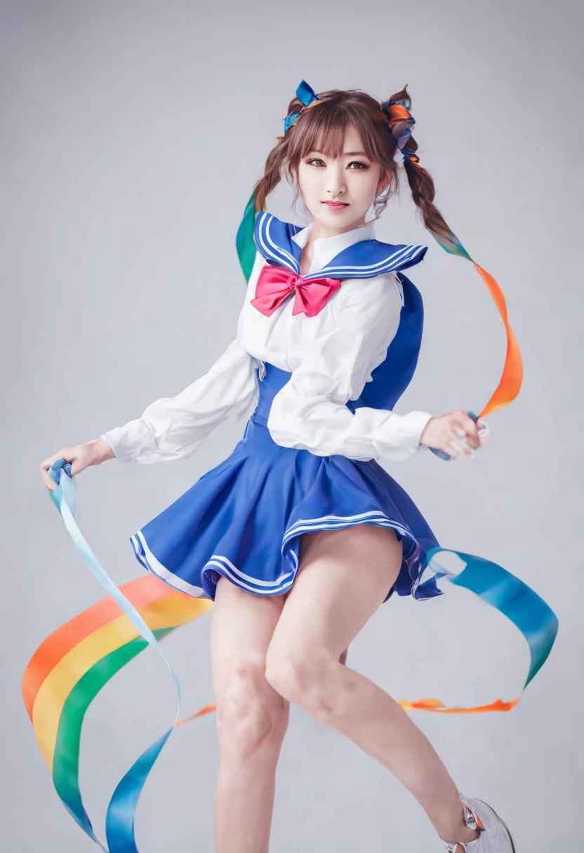 1girl, 📷 Capture the essence of a Magical Girl (Mahou Shoujo), medium: hyper-realistic photography, style: capturing the vibrant energy similar to that of Sailor Moon, lighting: high-key with a focus on bright, clean light to enhance her youthful energy, colors: a spectrum of rainbow hues with a dominance of sailor blue, composition: shot with a Sony Alpha 1, FE 135mm f/1.8 GM lens, resolution 50.1 megapixels, ISO 200, f/2.2 aperture, shutter speed 1/320 second. Position the Magical Girl in an action pose, mid-twirl, her ribbon-like accessories flowing dynamically around her.