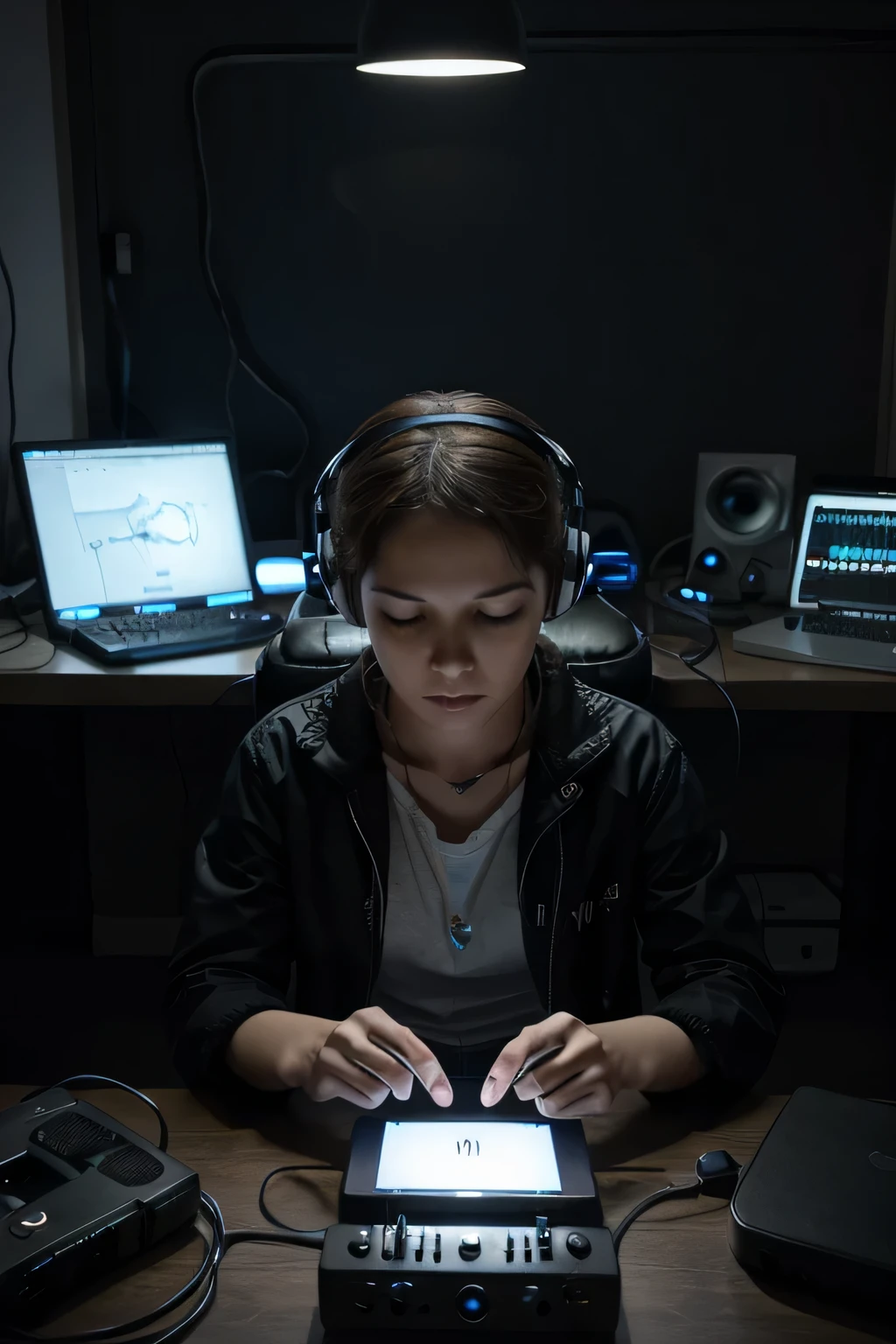a person having their mind reprogrammed by music in an environment where wires connect in their head with the brain partially uncovered and the cables connected