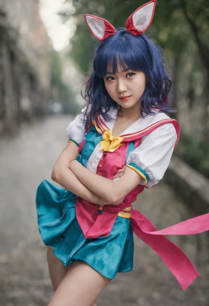 1girl, 📷 Capture the essence of a Magical Girl (Mahou Shoujo), medium: hyper-realistic photography, style: capturing the vibrant energy similar to that of Sailor Moon, lighting: high-key with a focus on bright, clean light to enhance her youthful energy, colors: a spectrum of rainbow hues with a dominance of sailor blue, composition: shot with a Sony Alpha 1, FE 135mm f/1.8 GM lens, resolution 50.1 megapixels, ISO 200, f/2.2 aperture, shutter speed 1/320 second. Position the Magical Girl in an action pose, mid-twirl, her ribbon-like accessories flowing dynamically around her.