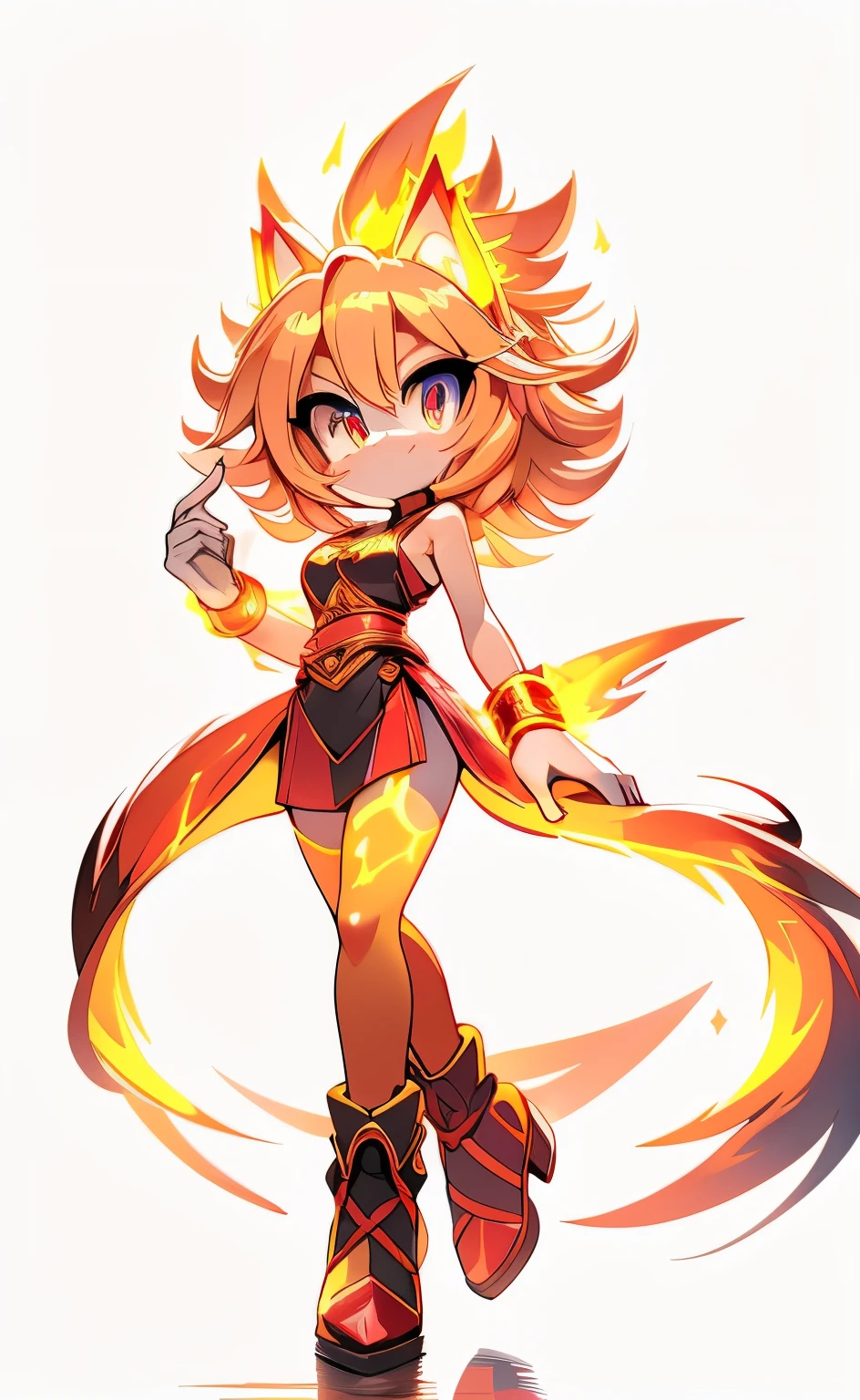 (High Quality. best quality, masterpiece: 1.8) personnage d'anime avec des cheveux en feu jaunes et rouges, feu!! tout le corps, aura de pointe orange en mouvement, Yoshitaka Amano Octane Rendu, son corps fait de flammes, flammes autour du corps, feu elemental, feu demon, feu type, aura de feu, feuy, être éthéré et ondulé. Fire Being. No Mouth. No ears. Sonic OC. Fire Body. Burning Body. Fire Colored Body. Red Eyes. Fluffy Hair. Long tail of fire. Perfect Hand. Perfect Finger. Open hand. 2D. Various lightnings. Various glowing effects. Various effects high detailed official artwork, rossdraws cartoon vibrant, Black shadow Contrast. Extreme Shading. various lightning. glowing electricity. Perfectly draw hands, pefectly draw finger, perfectly draw eyes, perfectly draw face, 2D