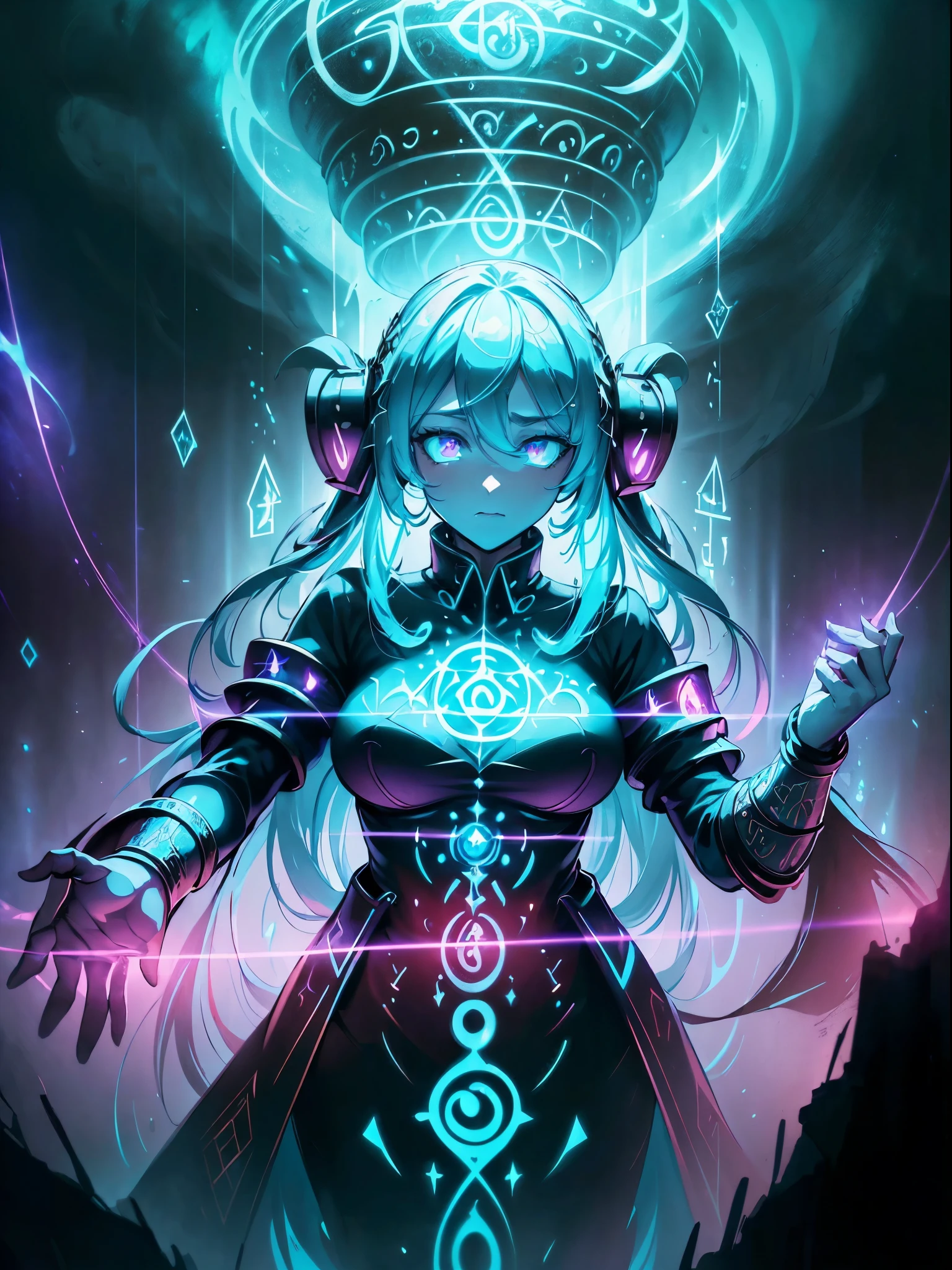 high details, best quality, 8k, [ultra detailed], masterpiece, best quality, (extremely detailed), dynamic angle, ultra wide shot, photorealistic, fantasy art, dnd art, rpg art, realistic art, an ultra wide picture of a female human (1.5 intricate details, Masterpiece, best quality) godess of light (( blue radiant aural)),  ((controlling a swirling blue radiant magic)), manipulating purple radiant magical sigils, human female, blond  hair, long hair with aura, hair with radiant eyes, intense eyes, ((radiant eyes)), ((glowing eyes)), dynamic clothing, fantasy temple background, GlowingRunes_red((divine worship atmosphere)), high details, best quality, highres, ultra wide angle