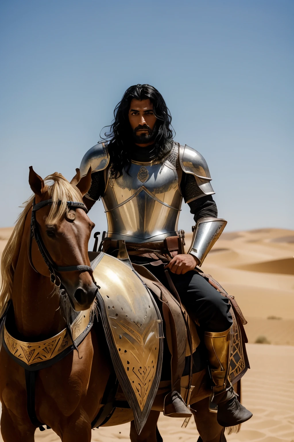 An Arab knight, clad in shining armor, sits firmly on his majestic horse in the vast, sun-scorched desert. The desert backdrop is painted with an array of golden sand dunes and towering cacti, casting long shadows beneath the knight and his steed. His dark, intense eyes survey the vast expanse before him, his gaze unyielding and determined. His long, wavy black hair streams out in the wind, adding an air of regalness to his already imposing figure. The sun casts a warm, golden glow upon his finely-chiseled features, illuminating the intricately designed patterns adorning his armor. The knight holds the