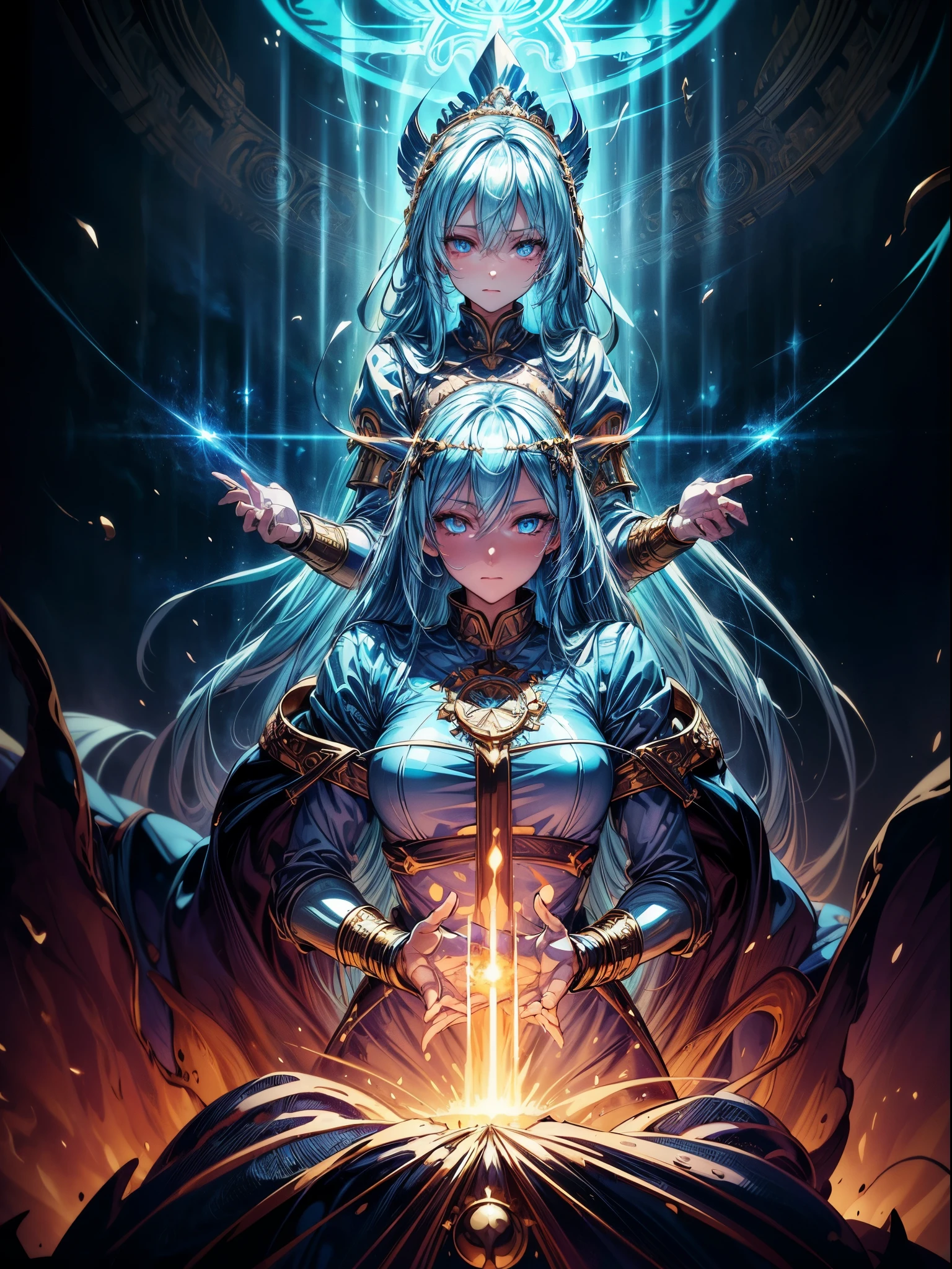 high details, best quality, 8k, [ultra detailed], masterpiece, best quality, (extremely detailed), dynamic angle, ultra wide shot, photorealistic, fantasy art, dnd art, rpg art, realistic art, an ultra wide picture of a female human (1.5 intricate details, Masterpiece, best quality) godess of light (( blue radiant aural)),  ((controlling a swirling blue radiant magic)), manipulating purple radiant magical sigils, human female, blond  hair, long hair with aura, hair with radiant eyes, intense eyes, ((radiant eyes)), ((glowing eyes)), dynamic clothing, fantasy temple background, GlowingRunes_red((divine worship atmosphere)), high details, best quality, highres, ultra wide angle
