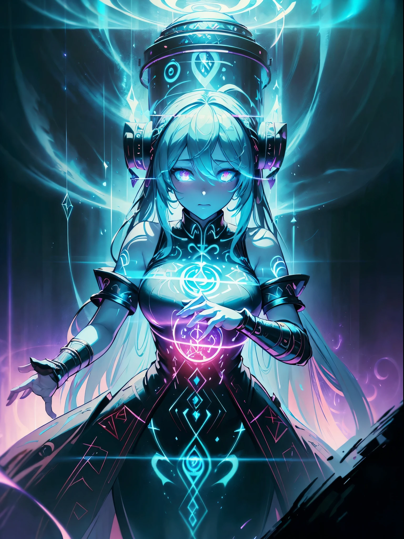 high details, best quality, 8k, [ultra detailed], masterpiece, best quality, (extremely detailed), dynamic angle, ultra wide shot, photorealistic, fantasy art, dnd art, rpg art, realistic art, an ultra wide picture of a female human (1.5 intricate details, Masterpiece, best quality) godess of light (( blue radiant aural)),  ((controlling a swirling blue radiant magic)), manipulating purple radiant magical sigils, human female, blond  hair, long hair with aura, hair with radiant eyes, intense eyes, ((radiant eyes)), ((glowing eyes)), dynamic clothing, fantasy temple background, GlowingRunes_red((divine worship atmosphere)), high details, best quality, highres, ultra wide angle