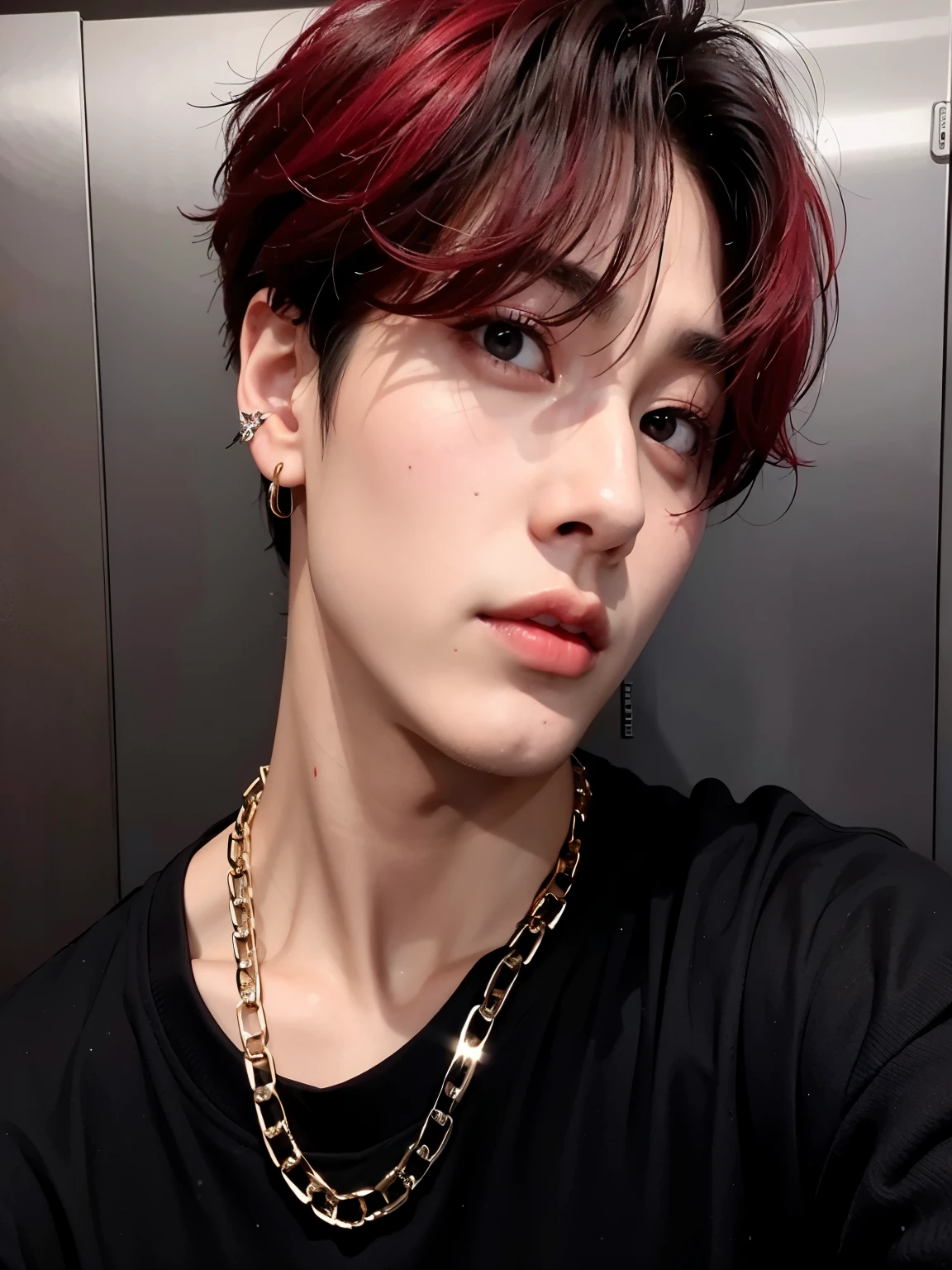 a close up of a person with a chain around their neck, cai xukun, Jungkook, Jung Jaehyun, hyung tae, Kim Doyoung, Jinyoung Shin, pintar ulzzang, Hong junho hyung, bladee da gangue de drenagem, seus olhos brilhando vermelhos, taejune kim, profile picture with headshot, Cor vermelha, your eyes are red and glowing