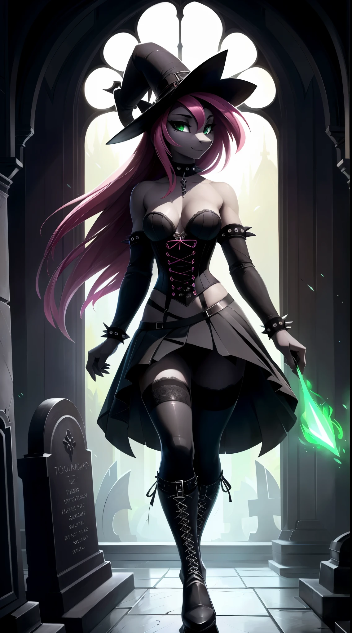 uploaded on e621, by Bayard Wu, by Thomas Benjamin Kennington, by Einshelm, solo anthro, ((Portrait)), (((witch clothes)), (lacy long sleeves, black corset, blackplated skirt)), ((red overknee legwear, pink stripes)), ((boots with straps)), uncovered head, (detailed Bonifasko lighting), (Detailed fur), (detailed grey skin), (Cinematic lighting), ((Detailed background, graveyard)), (half body shadow), [explict content], [sharp-focus], (shaded), ((Masterpiece)), (Dark pink long hair), Small Breasts, MLP, My little pony, unicorn, ((dark grey skin)), (gothic pony, punk girl), (young girl), (fluffy fur:1.4), fluffy tights, fluffy chest, furry fantasy art, anthro art, commission for high res, Furry art, pov furry art, Sakimichan is beautiful, Masterpiece, Best Quality, Detailed image, Dark colors, Detailed Face, perfect lighting, Perfect shadows, Perfect eyes, focus on girl, flawless face, gorgeous body, Hourglass body, feet focus, (Pony muzzle), half closed eyes, green eyes, full body, Detailed fur, Balanced coloring, ((Long dark pink tail)), Furry, anthro, (attractive body), looking a viewer, seductive gaze, seductive posing, ((green magic, casting)), (green magic), magic glow