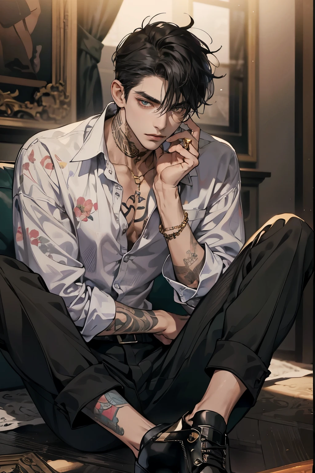 1 ***, a man with tattoos sitting on a couch, handsome, handsome male, Perfect male body, black hair, leather shoes, serious expression, Sanpaku, highest quality, ray tracing, dramatic shadows, gold chain,floral shirt, 