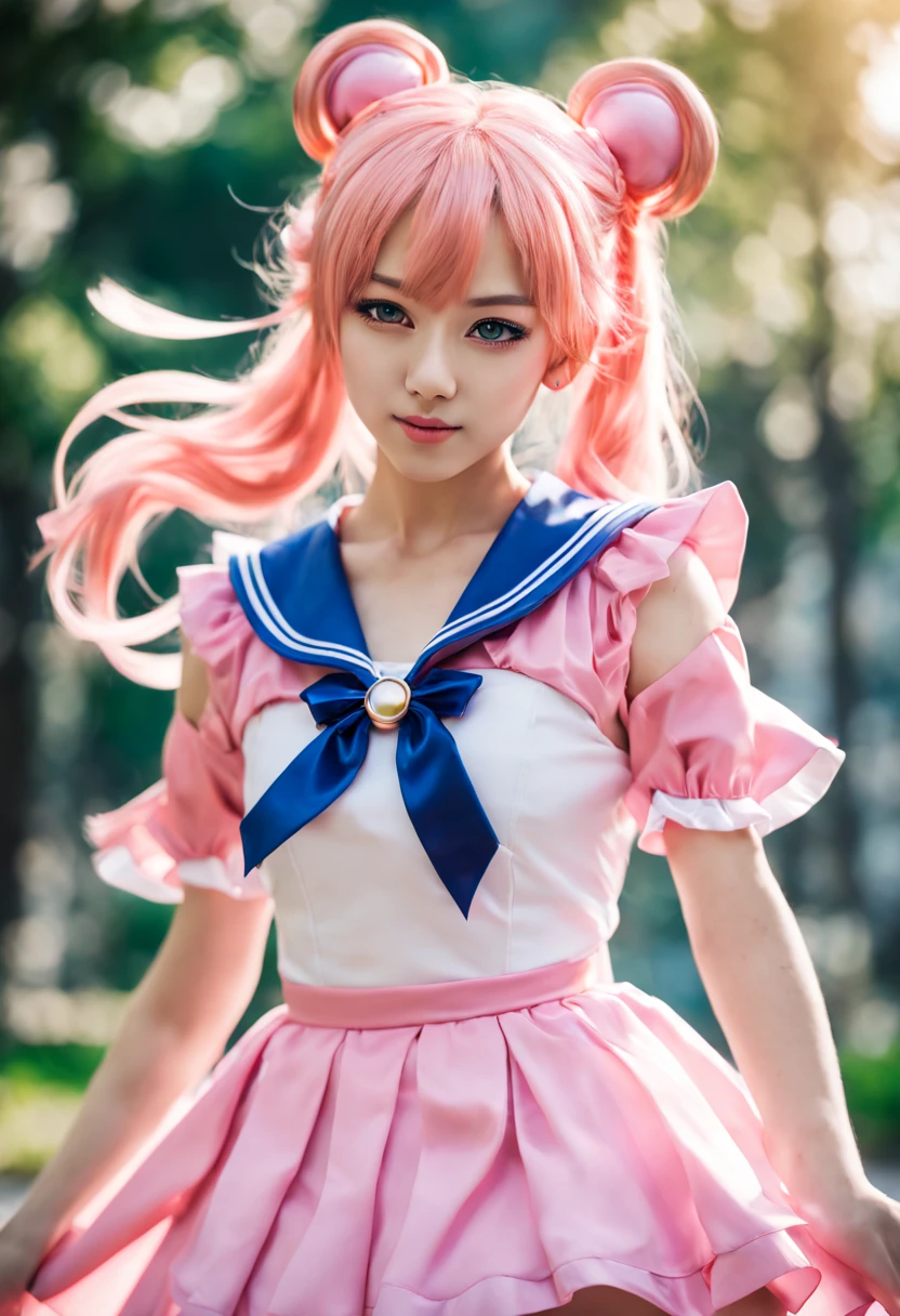 1girl, 📷 Capture the essence of a Magical Girl (Mahou Shoujo), medium: hyper-realistic photography, style: capturing the vibrant energy similar to that of Sailor Moon, lighting: high-key with a focus on bright, clean light to enhance her youthful energy, colors: a spectrum of rainbow hues with a dominance of sailor blue, composition: shot with a Sony Alpha 1, FE 135mm f/1.8 GM lens, resolution 50.1 megapixels, ISO 200, f/2.2 aperture, shutter speed 1/320 second. Position the Magical Girl in an action pose, mid-twirl, her ribbon-like accessories flowing dynamically around her.