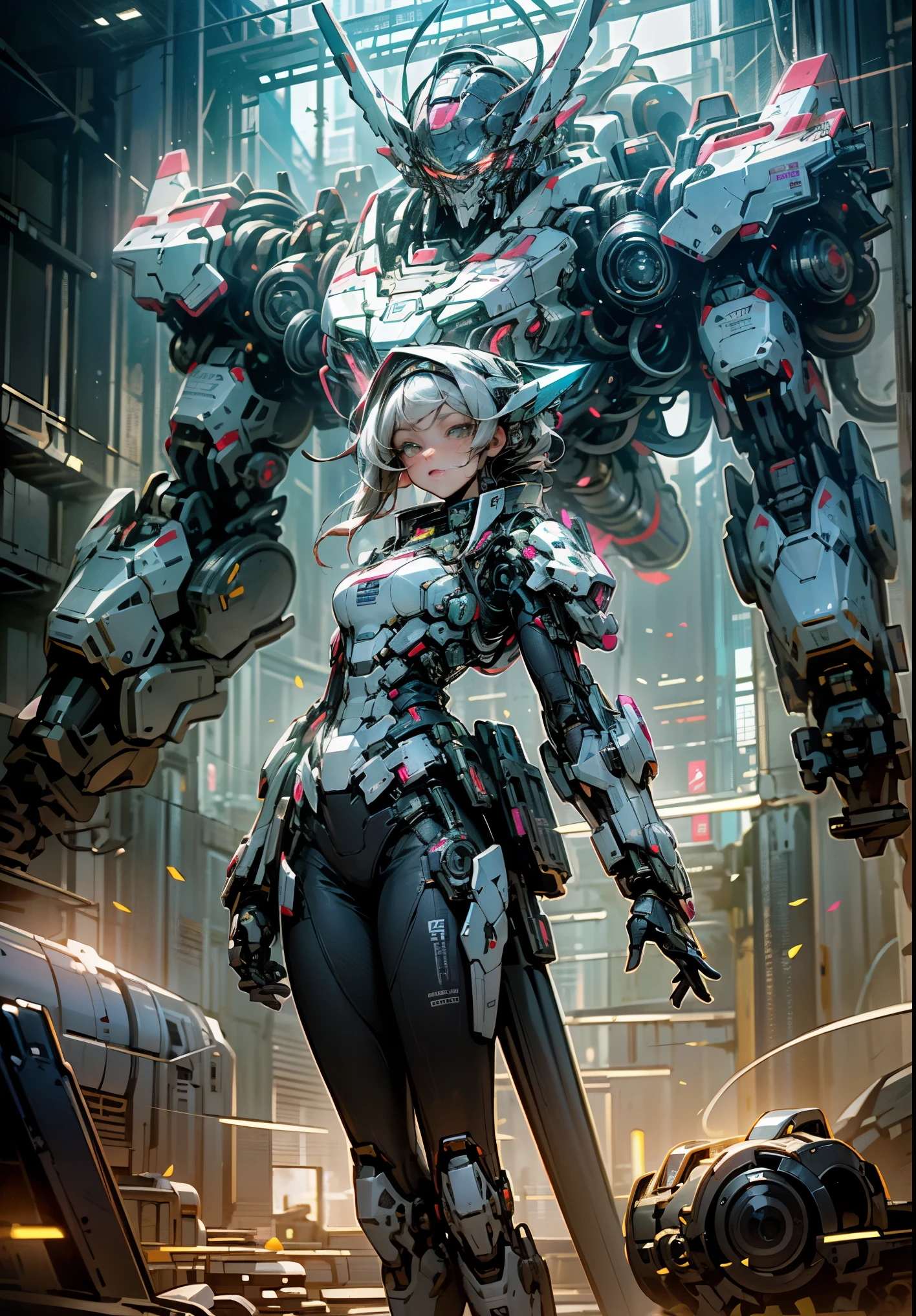 ((melhor qualidade)), ((obra de arte)), (muito detalhado:1.3), 3D, Shitu-Mecha, Beautiful cyberpunk woman with her pink mech in the ruins of a city in the forgotten war, Tecnologia Antiga, HDR (High-range dynamics), rastreamento de raio, NVIDIA RTX, Super resolution, Irreal 5, underground dispersal, Textura PBR, post-processing, Anisotropic filtering, profundidade de campo, Maximum sharpness and sharpness, Textura Multicamadas, Albedo e mapas de destaque, Surface shading, Accurate simulation of light-material interactions, perfect proportions, Octane rendering, duotone lighting, ISO baixo, White balance, Rule of Thirds, grande abertura, 8K CRU, high efficiency subpixels, Subpixel convolution, glow particles, Light Dispersion, efeito tyndall (todo o corpo), (a delicate facial features), (rosto perfeito), Dynamic angles.