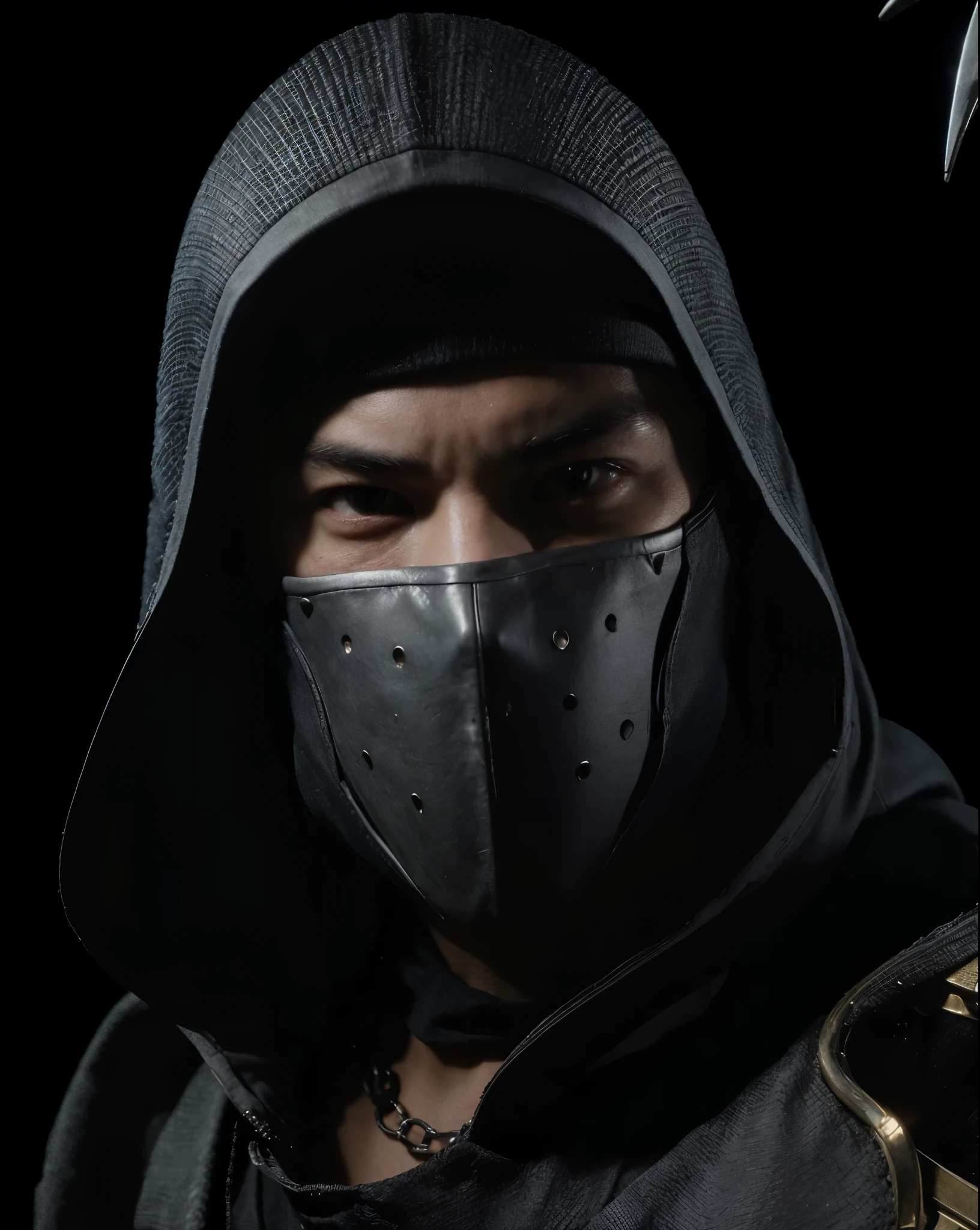 (masterpiece),(best quality:1.0),(ultra high resolution:1.0), kung jin, bad face , menacing look, metal mask, hood, ninja warrior, mortal kombat, closeup, 1 guy, detailed, face focus, asian face, 8k wallpaper, full body