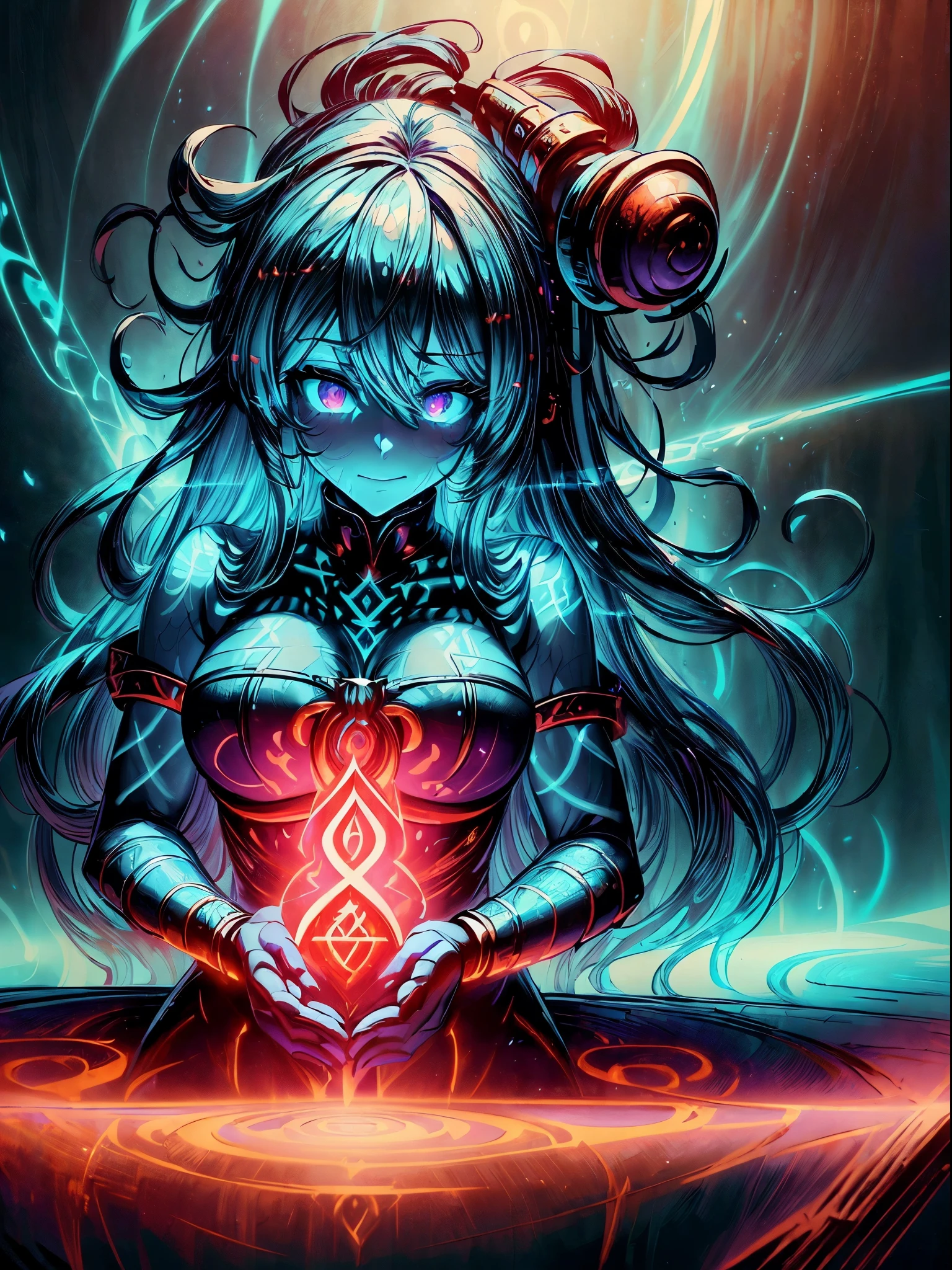 high details, best quality, 8k, [ultra detailed], masterpiece, best quality, (extremely detailed), dynamic angle, ultra wide shot, photorealistic, fantasy art, dnd art, rpg art, realistic art, an ultra wide picture of a female human (1.5 intricate details, Masterpiece, best quality) godess of light (( blue radiant aural)),  ((controlling a swirling blue radiant magic)), manipulating purple radiant magical sigils, human female, blond  hair, long hair with aura, hair with radiant eyes, intense eyes, ((radiant eyes)), ((glowing eyes)), dynamic clothing, fantasy temple background, GlowingRunes_red((divine worship atmosphere)), high details, best quality, highres, ultra wide angle
