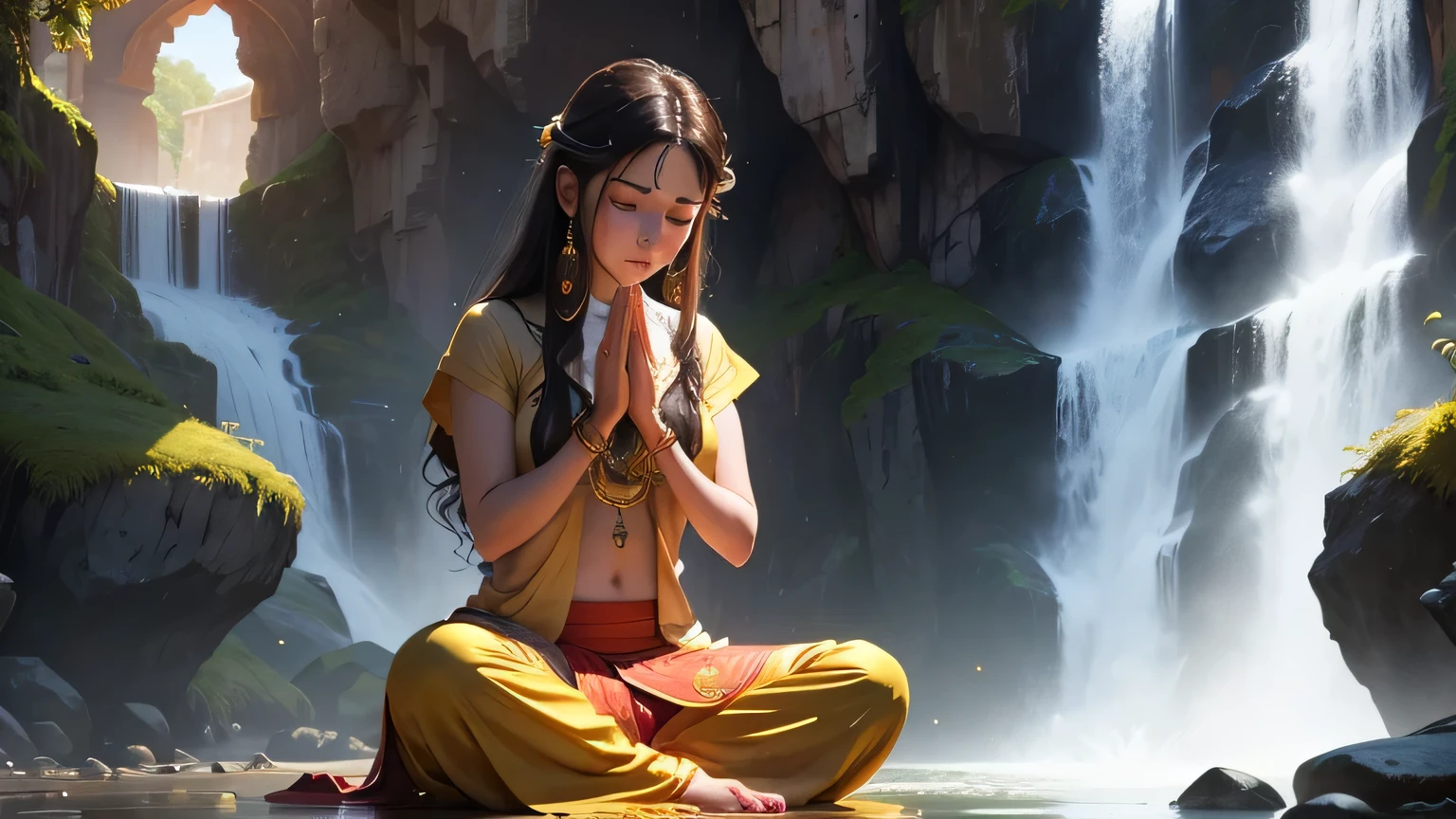 20 year old woman meditating, with hands in a sign of prayer, with eyes closed, in front of a waterfall, with golden water, points of light falling, wearing Indian clothes and accessories, 3 D, 4 K