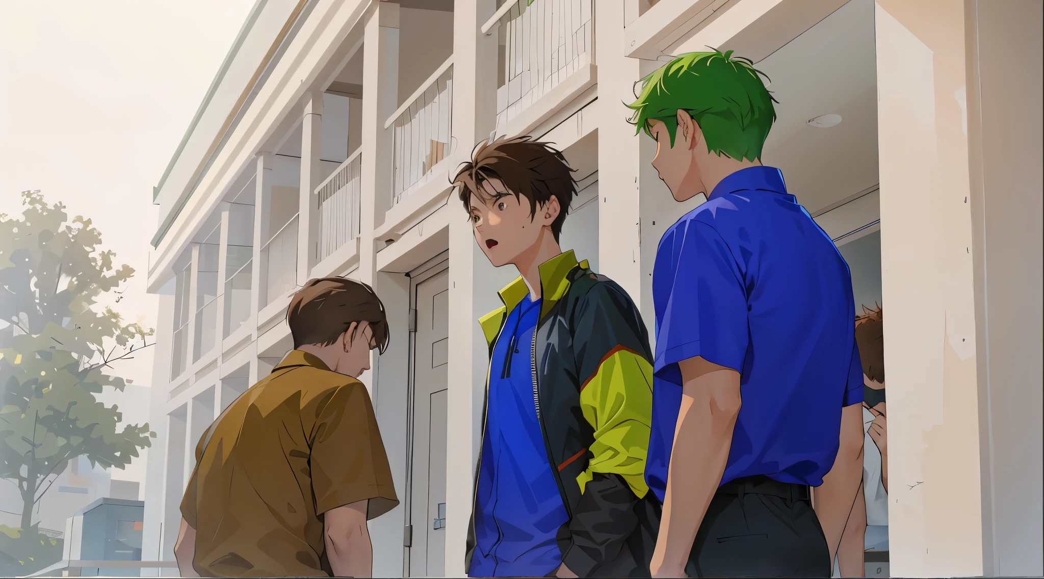 He is talking to his friend, he is talking to him with his mouth open. There are two 15-year-old boys, one sitting next to the other, looking at him. He is talking to him to calm him down. He tells him not to fight.