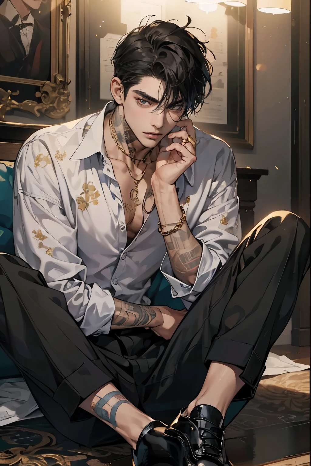 1 , a man with tattoos sitting on a couch, handsome, handsome male, Perfect male body, black hair, leather shoes, serious expression, Sanpaku, highest quality, ray tracing, dramatic shadows, gold chain, floral shirt, Hold your face with one hand, gold ring