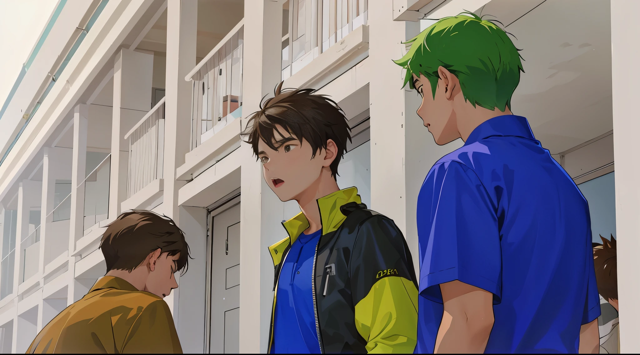 He is talking to his friend, he is talking to him with his mouth open. There are two 15-year-old boys, one sitting next to the other, looking at him. He is talking to him to calm him down. He tells him not to fight.