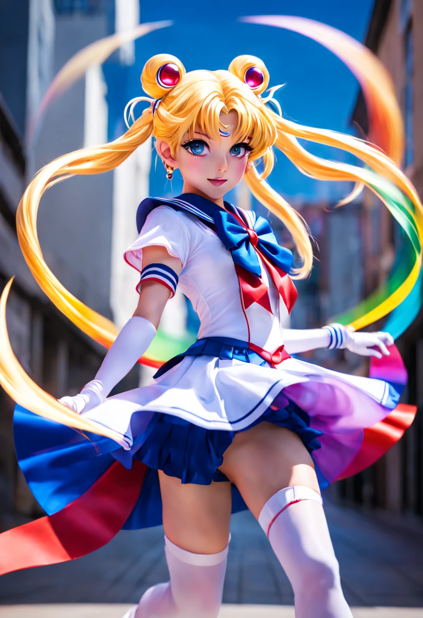 1girl, 📷 Capture the essence of a Magical Girl (Mahou Shoujo), medium: hyper-realistic photography, style: capturing the vibrant energy similar to that of Sailor Moon, lighting: high-key with a focus on bright, clean light to enhance her youthful energy, colors: a spectrum of rainbow hues with a dominance of sailor blue, composition: shot with a Sony Alpha 1, FE 135mm f/1.8 GM lens, resolution 50.1 megapixels, ISO 200, f/2.2 aperture, shutter speed 1/320 second. Position the Magical Girl in an action pose, mid-twirl, her ribbon-like accessories flowing dynamically around her.