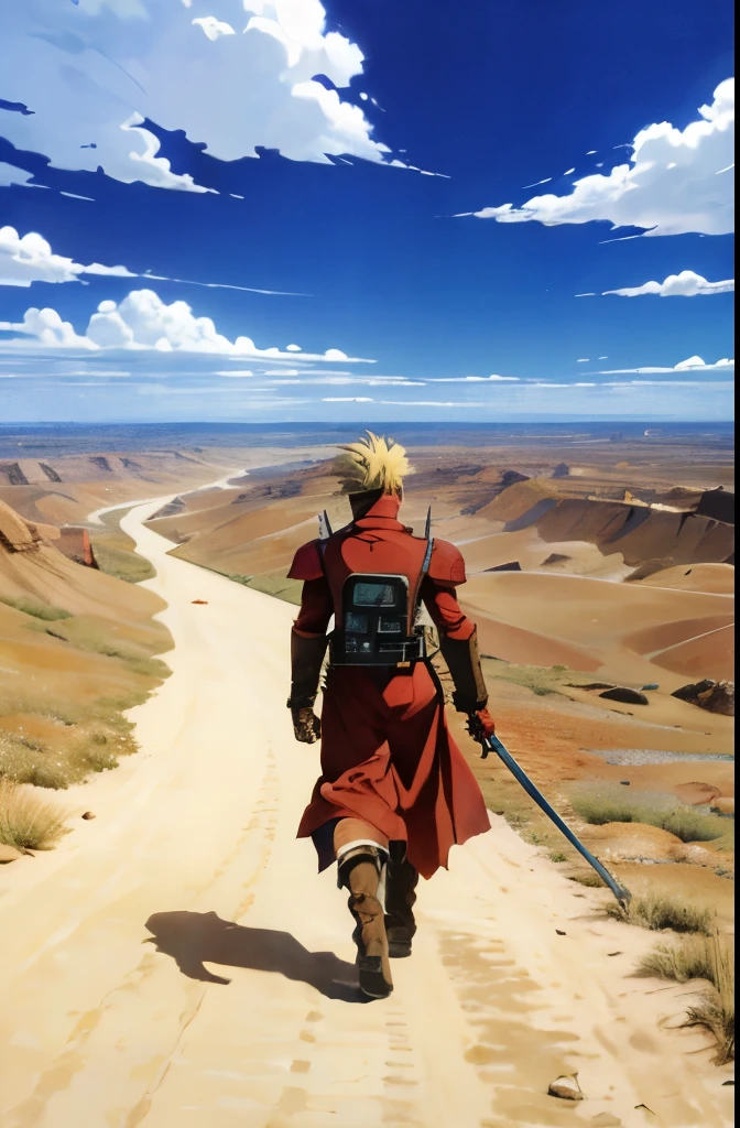 trigun, Vash the Stampede、walking in the desert、blue sky and dune