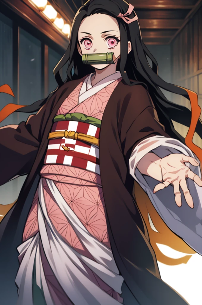 Nezu furnace, Nezuko Kamado, Bamboo, (bit gag:1.5), 1:1,Chibi,Black hair, (Forehead:1.5), gag, Gagged, Hair Ribbon, Long hair, multicolored hair, (Pink eyes:1.5), Orange hair, Slit pupils, Wavy Hair, Two-tone hair,
Break asa is not (Pattern), Checkered sash, haori, komono, Kimono, Long sleeves, Obi, Pink kimono, sash, wariza, Wide sleeves,
BREAK looking at viewer,
Break indoors,
BREAK (masutepiece:1.2), Best Quality, High resolution, Unity 8k壁纸, (Illustration:0.8), (Beautiful detailed eyes:1.6), extra detailed face, Perfect Lighting, extremely details CG, (Perfect hands, Perfect Anatomy), different pose, dancing lightly, backwards, looking back
