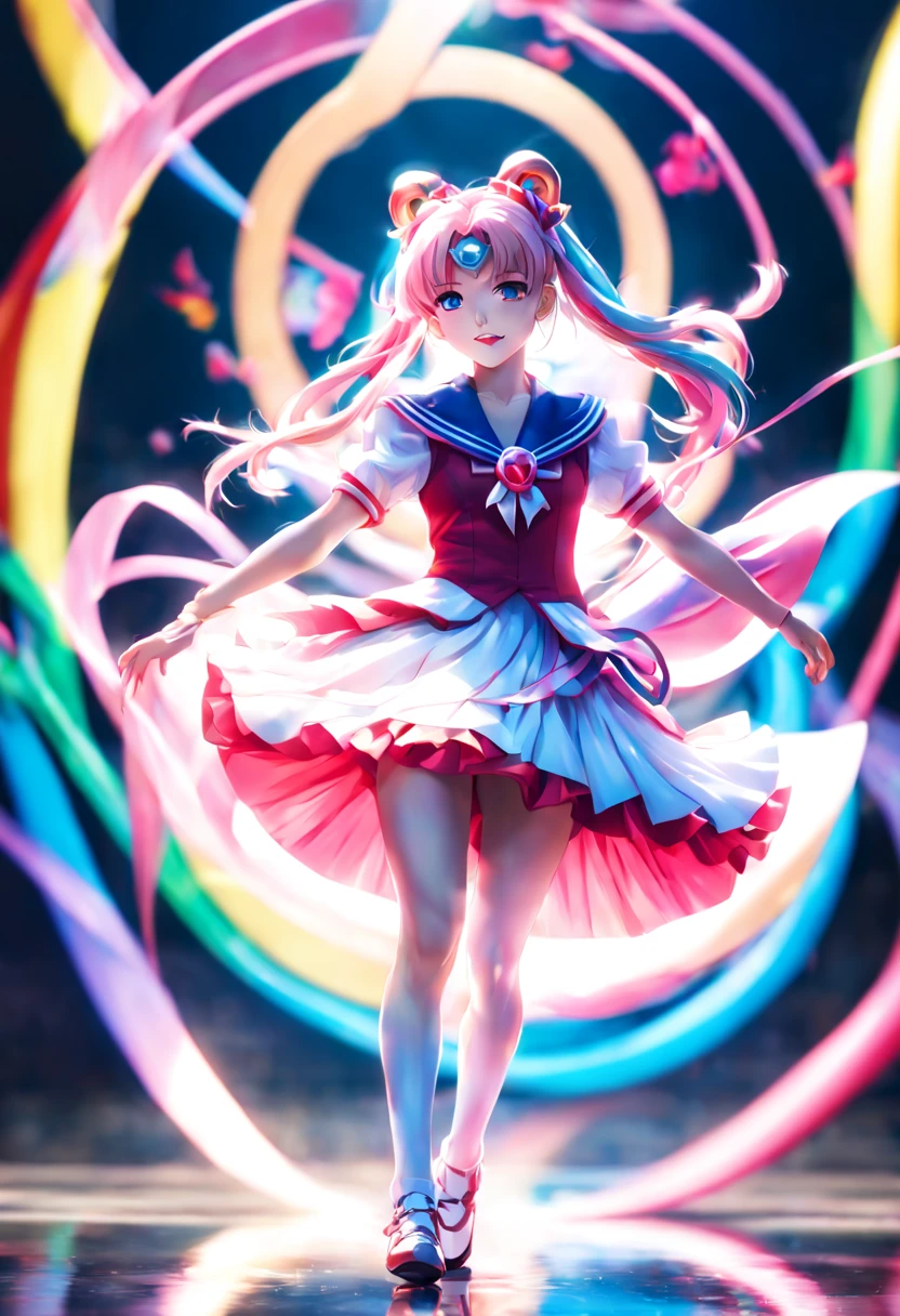 1girl, 📷 Capture the essence of a Magical Girl (Mahou Shoujo), medium: hyper-realistic photography, style: capturing the vibrant energy similar to that of Sailor Moon, lighting: high-key with a focus on bright, clean light to enhance her youthful energy, colors: a spectrum of rainbow hues with a dominance of sailor blue, composition: shot with a Sony Alpha 1, FE 135mm f/1.8 GM lens, resolution 50.1 megapixels, ISO 200, f/2.2 aperture, shutter speed 1/320 second. Position the Magical Girl in an action pose, mid-twirl, her ribbon-like accessories flowing dynamically around her.
