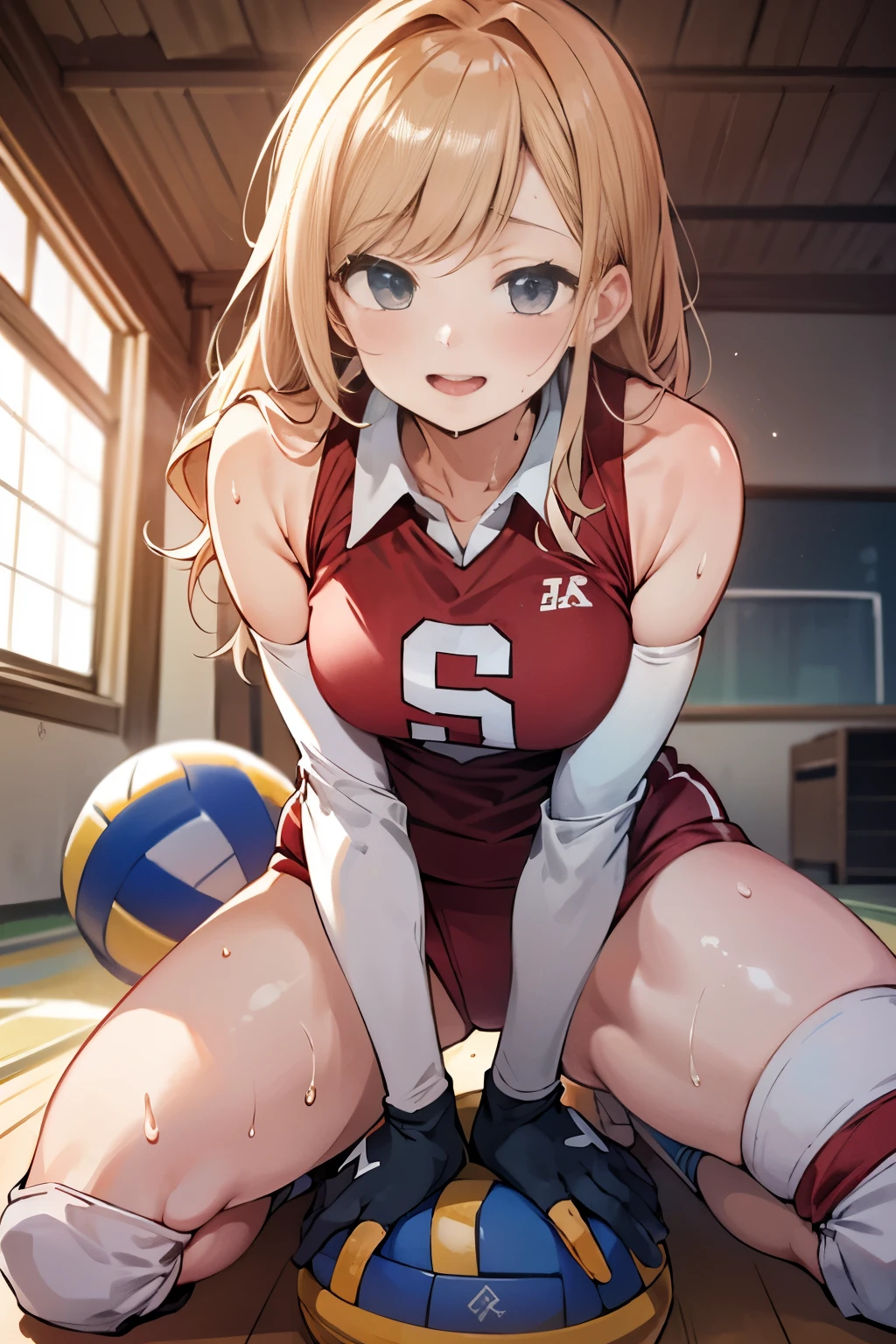 unity 8k wallpaper, anatomically correct, (((masterpiece))), (((best quality))), (((ultra detailed))), (((high-resolution))), ((Ultimate cutie)), perfect hands, perfect finger, (((good anatomy))), detailed beautiful face, shiny hair, (((gyaru))), (potbelly), (curvy), medium breasts, ((Thick thighs)), (((solo))), ((seductive smile)), (((blush))), (half open mouth),
BREAK, (((sit astride the perfectly spherical shape 6-inch volleyball))), (((Straddling a perfectly spherical 6" volleyball))), (((Perfectly spherical 6" volleyball fits perfectly crotch))), BREAK, (((Rub the Perfectly spherical 6" volleyball against crotch))),
BREAK, (Collared volleyball uniforms), sleeveless, ((buruma)), ((kneepad)), (pussy juice stained), (elbow pad), (((sweat))), (((covered in sweat))), ((deep breathing)), in Volleyball Court, indoor, lighting, looking at viewer, full body, (spoken heart)