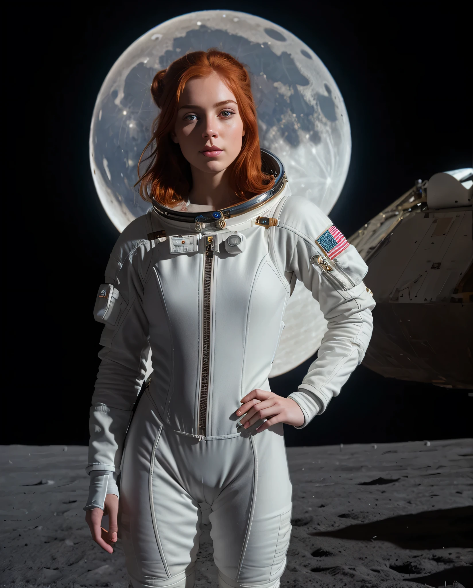 1girl, skin pores texture, ((redhead)) with ((2 buns hair)), blue eyes, ((Joana Gate)) 23 years old, piercing eyes, HD , Photography, movie, cinematic, ((slim waist)), ((full body spacesuit)), ((astronaut helmet)), ((standing on the moon with earth in the back)), Realistic, (8k, RAW photo, best quality, masterpiece:1.2), (realistic, photo-realistic:1.33), best quality, cute,natural lighting, depth of field, film grain, sharp, detailed, wide view, ((full body view)), ((facing camera))
