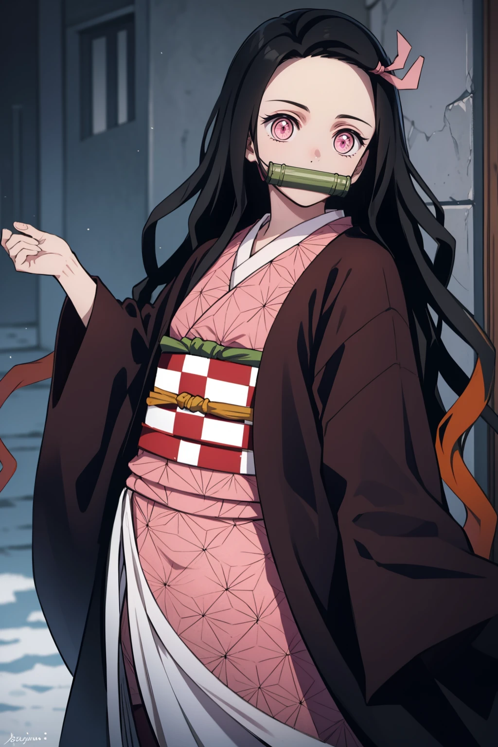 Nezu furnace, Nezuko Kamado, Bamboo, (bit gag:1.5), 1:1,Chibi,Black hair, (Forehead:1.5), gag, Gagged, Hair Ribbon, Long hair, multicolored hair, (Pink eyes:1.5), Orange hair, Slit pupils, Wavy Hair, Two-tone hair,
Break asa is not (Pattern), Checkered sash, haori, komono, Kimono, Long sleeves, Obi, Pink kimono, sash, wariza,  Wide sleeves,
BREAK looking at viewer,
Break indoors,
BREAK (masutepiece:1.2), Best Quality, High resolution, Unity 8k壁纸, (Illustration:0.8), (Beautiful detailed eyes:1.6), extra detailed face, Perfect Lighting, extremely details CG, (Perfect hands, Perfect Anatomy), different pose, dancing lightly, backwards, looking back