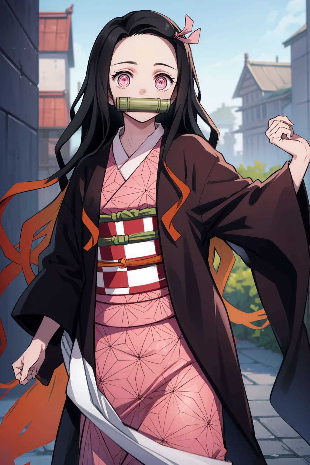 Nezu furnace, Nezuko Kamado, Bamboo, (bit gag:1.5), 1:1,Chibi,Black hair, (Forehead:1.5), gag, Gagged, Hair Ribbon, Long hair, multicolored hair, (Pink eyes:1.5), Orange hair, Slit pupils, Wavy Hair, Two-tone hair,
Break asa is not (Pattern), Checkered sash, haori, komono, Kimono, Long sleeves, Obi, Pink kimono, sash, wariza, Wide sleeves,
BREAK looking at viewer,
Break indoors,
BREAK (masutepiece:1.2), Best Quality, High resolution, Unity 8k壁纸, (Illustration:0.8), (Beautiful detailed eyes:1.6), extra detailed face, Perfect Lighting, extremely details CG, (Perfect hands, Perfect Anatomy), different pose, dancing lightly, backwards, looking back